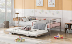 HAOYYE Twin Size Metal Daybed with Adjustable Trundle, Pop Up Trundle, Silver Sturdy Space-Saving Heavy Duty Modern Design Adults Dorm Room Easy Assembly Bedroom Furniture