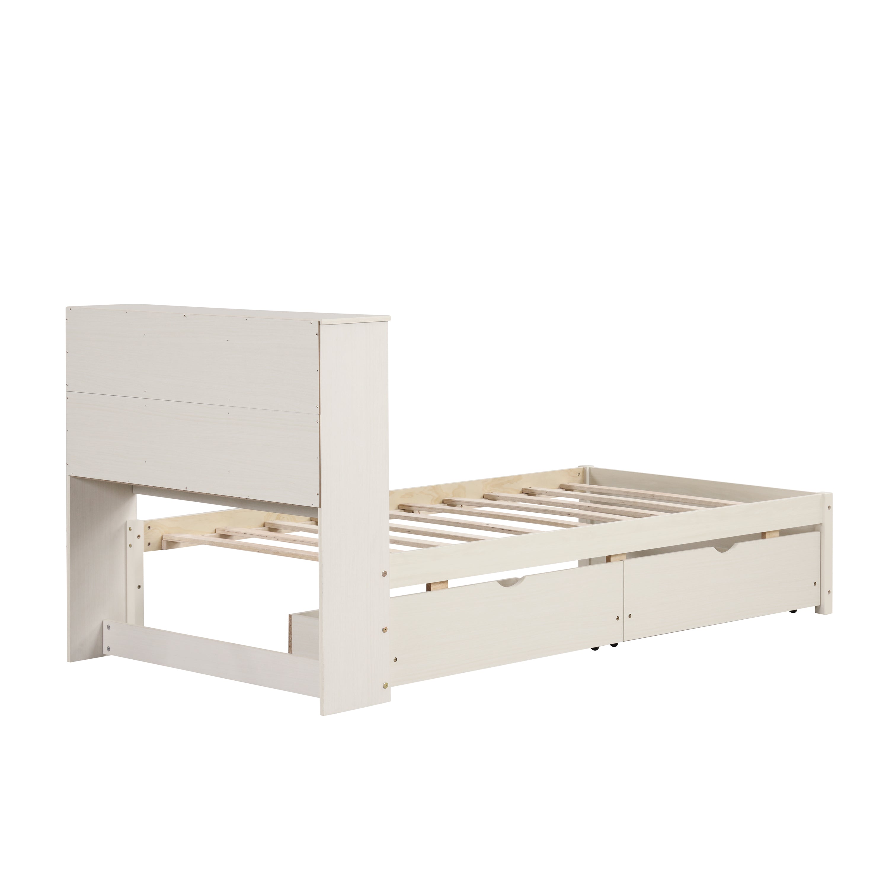 HAOYYE Modern Twin Size Bed Frame with Built-In USB Port on Bookcase Headboard and Two Drawers for White Washed Color, Sturdy Space-Saving Design, Heavy Duty Construction, Easy Assembly, Durable and Stylish Home Furniture