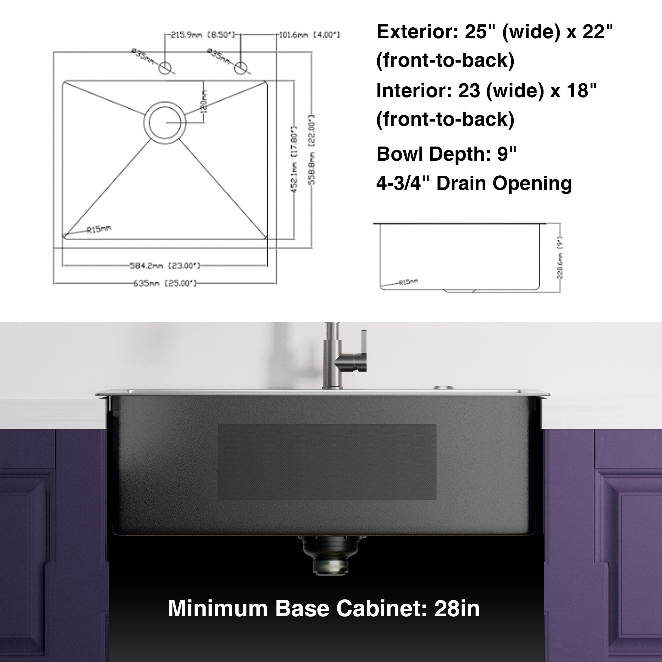 HAOYYE 25x22inch Gunmetal Black Topmount 304 Stainless Steel 18 Gauge Kitchen Sink Sturdy Space-Saving Heavy Duty Modern Design Adults Dorm Room Easy Assembly Bedroom Furniture