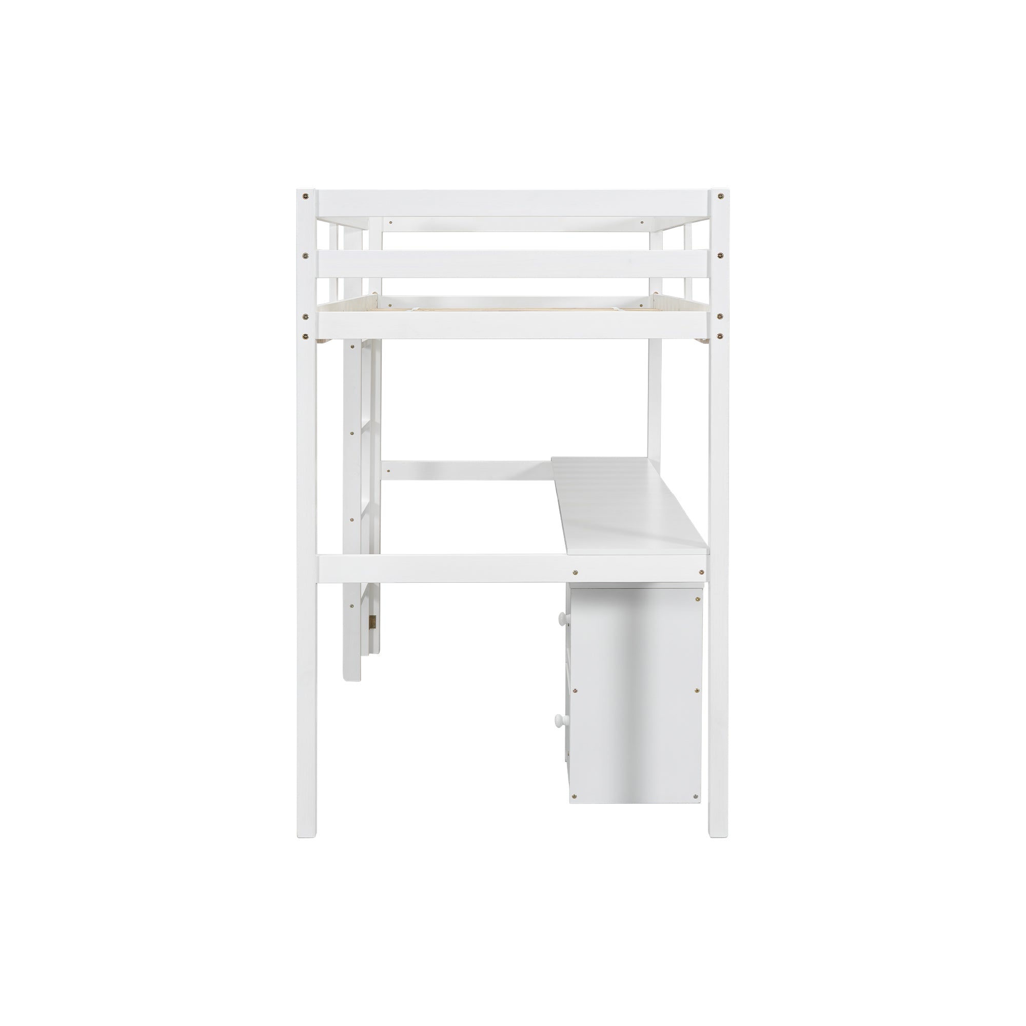 HAOYYE Twin Loft Wood Bed with Under-Bed Built-In Desk and Two-Drawer Storage Cabinet, Guardrails, and Ladder, White Sturdy Space-Saving Design, Heavy Duty Construction, Easy Assembly, Durable Stylish Home Furniture