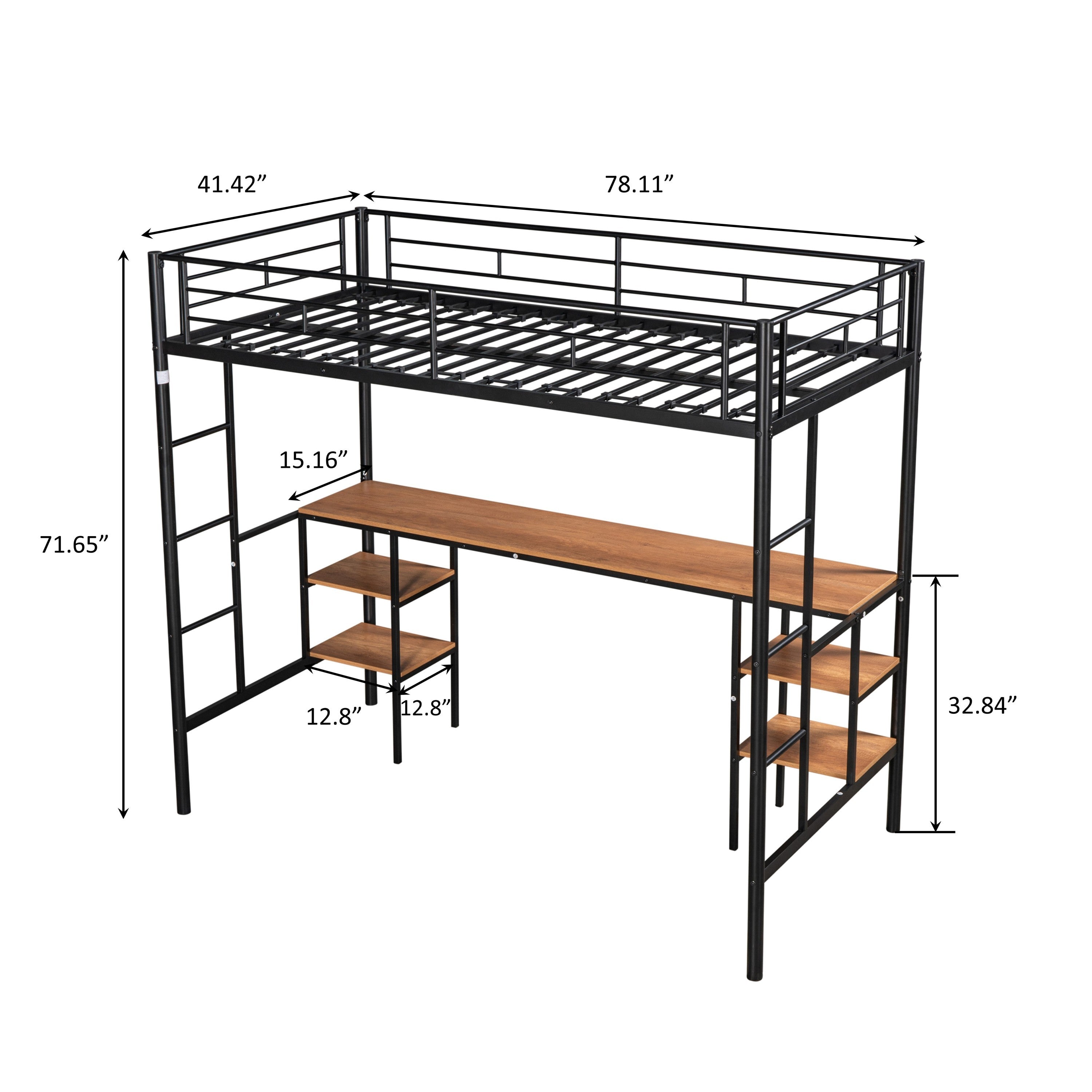HAOYYE Twin-Size Loft Bed With Table And Shelves, Heavy-Duty Metal Construction, Noise-Reduced Design, Safety Guardrail, Two Side Ladders, CPC Certified, No Box Spring Required, Space-Saving Loft Bed For Modern Living Spaces