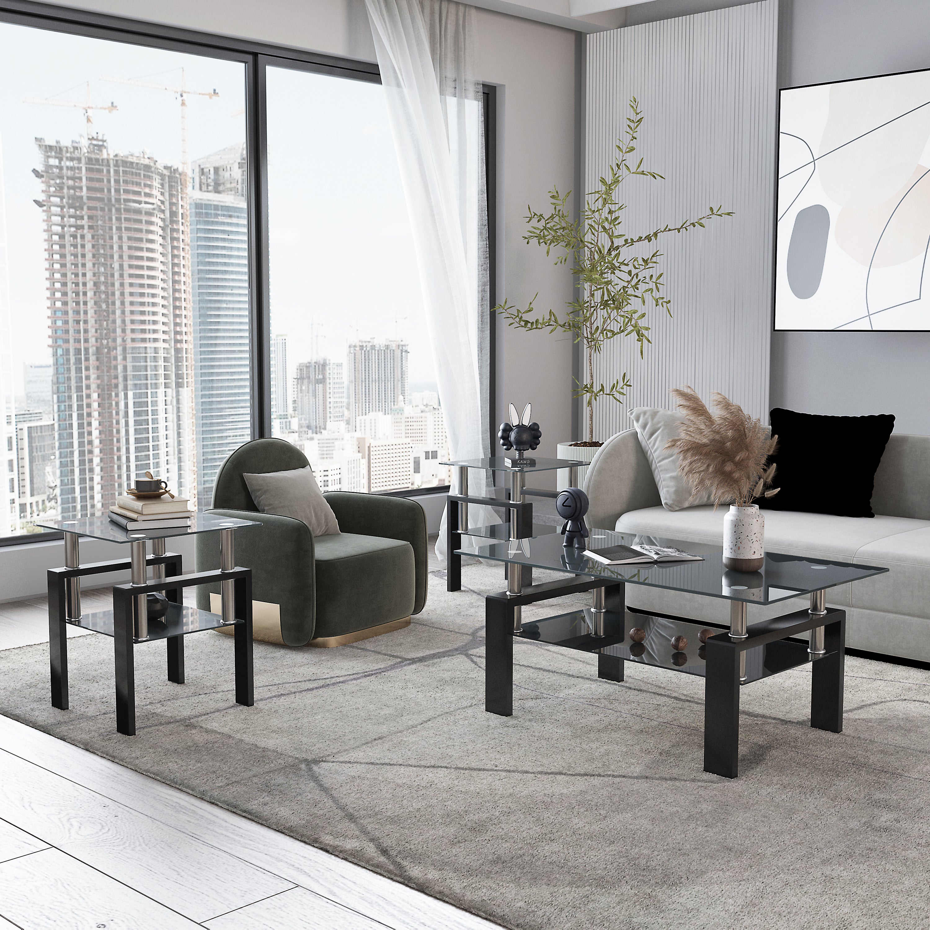HAOYYE Set of 2 Modern Tempered Glass Coffee Tables, Square End Tables with Sturdy Black Frame, Stylish and Durable for Living Room, Space-Saving Design, Easy Assembly, Heavy Duty Modern Home Furniture