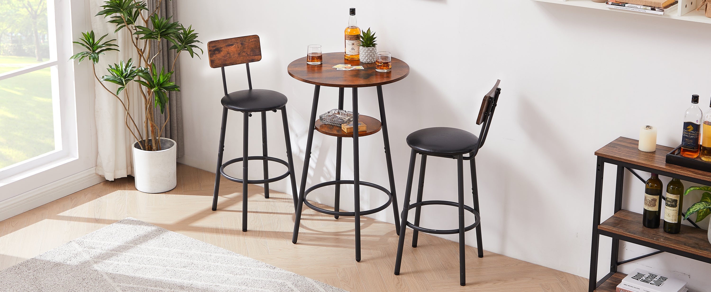 HAOYYE Round Bar Stool Set with Shelf, Upholstered Stool with Backrest, Rustic Brown, Sturdy Space-Saving Heavy Duty Design, Easy Assembly, Stylish and Durable, Ideal for Small Spaces