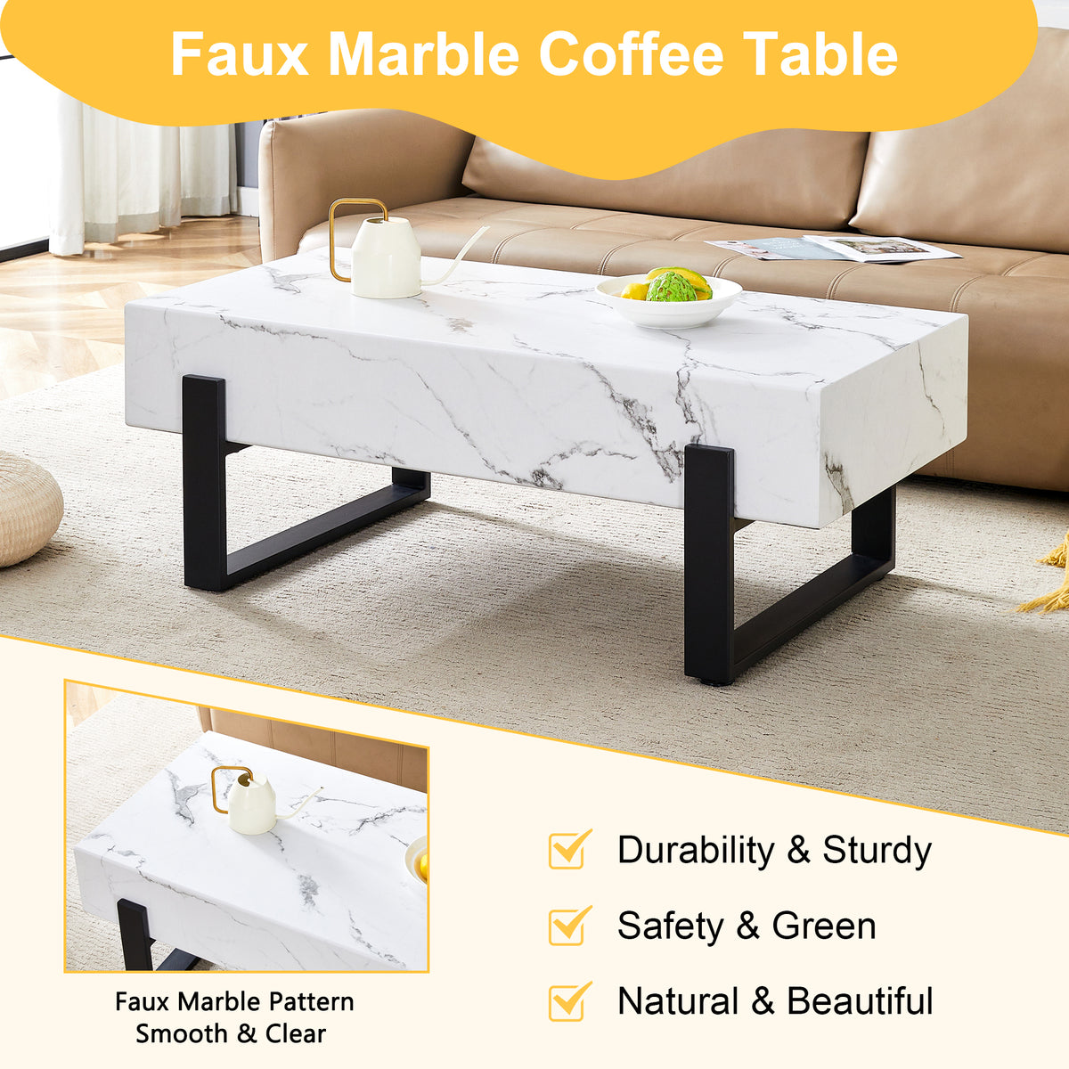 HAOYYE Black And White Minimalist MDF Coffee Table With Marble Pattern Sticker And Black Metal Leg Spray Coating, Modern And Simple Design For Living Room, Bedroom And Office, Sturdy Space-Saving Heavy Duty Furniture For Contemporary Home Decor