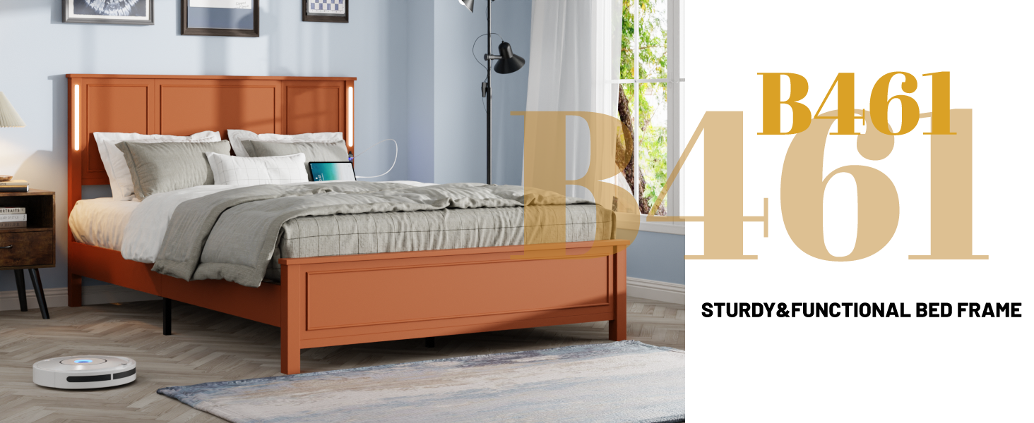 HAOYYE Queen Size Bed Frame, Platform Bed Frame with Wood Headboard and Footboard,Charging Station and LED Lights, 12 Wood Slats Support, No Box Spring Needed , Brown Sturdy Space-Saving Heavy Duty