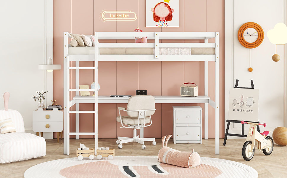 HAOYYE Twin Loft Wood Bed with Under-Bed Built-In Desk and Two-Drawer Storage Cabinet, Guardrails, and Ladder, White Sturdy Space-Saving Design, Heavy Duty Construction, Easy Assembly, Durable Stylish Home Furniture