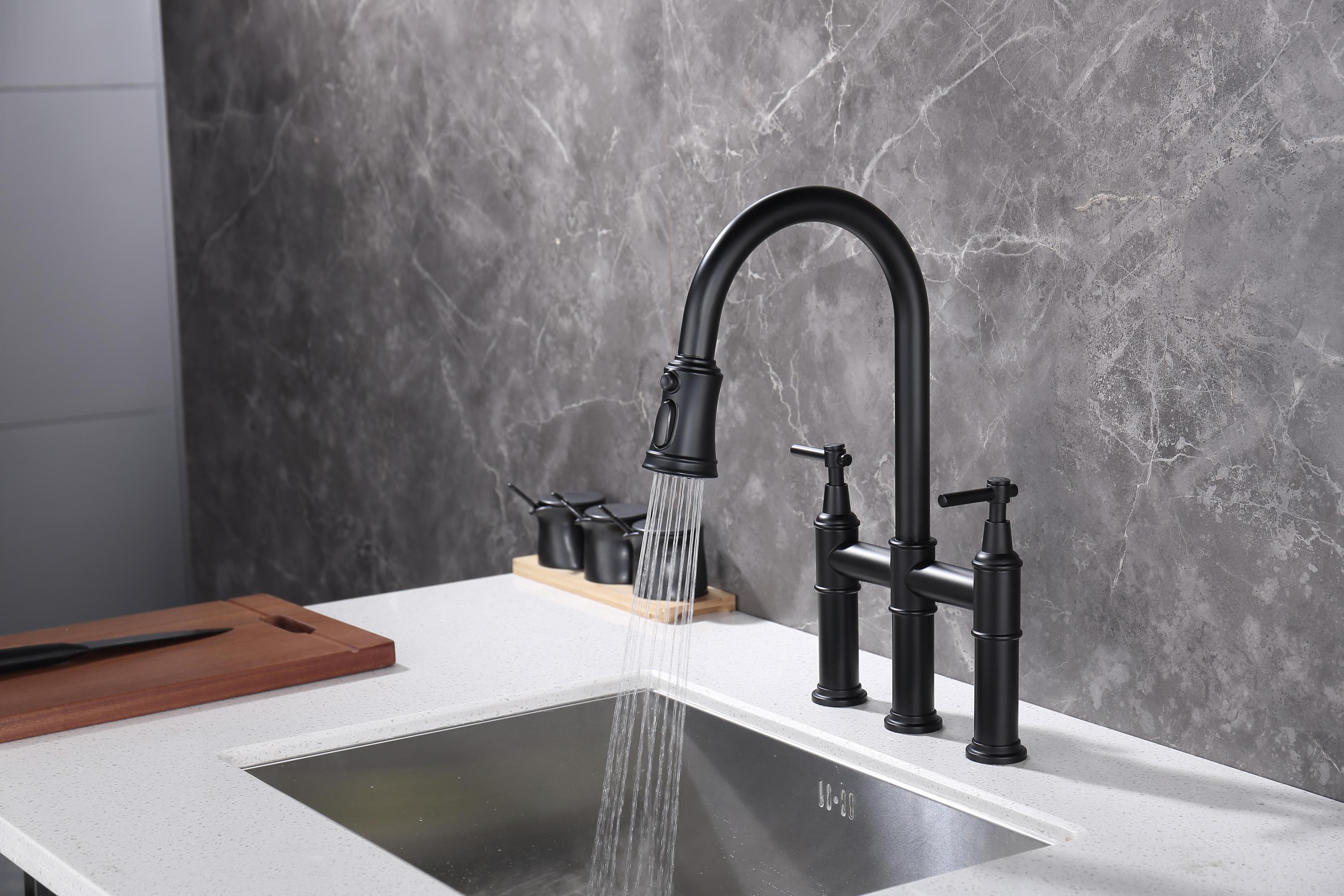 HAOYYE Bridge Kitchen Faucet with Pull-Down Sprayhead in Spot Sturdy Space-Saving Heavy Duty Modern Design Adults Dorm Room Easy Assembly Bedroom Furniture
