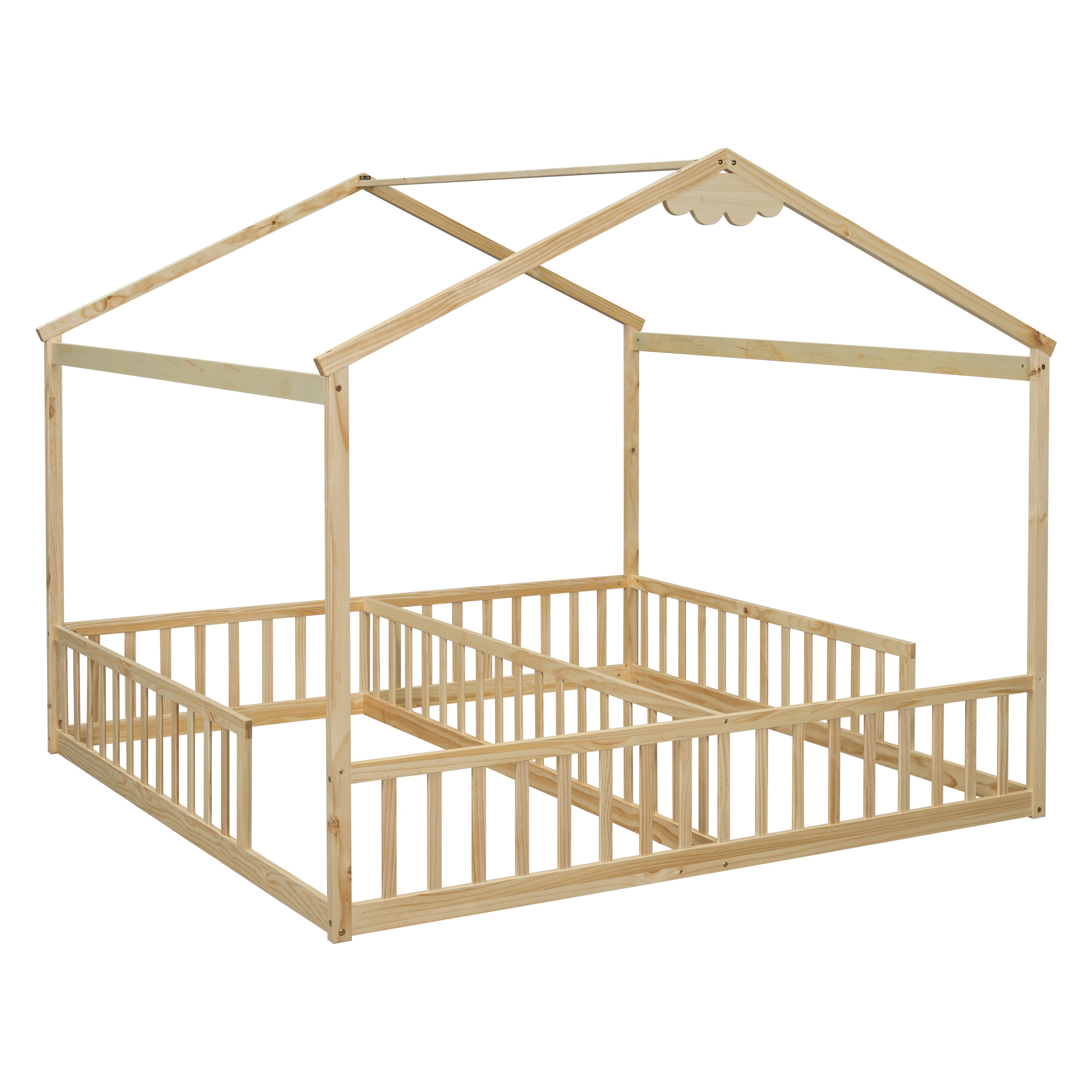 HAOYYE Double Twin House-Style Floor Bed with Fence, Guardrails, without door, Natural Sturdy Space-Saving Heavy Duty Modern Design Adults Dorm Room Easy Assembly Bedroom Furniture