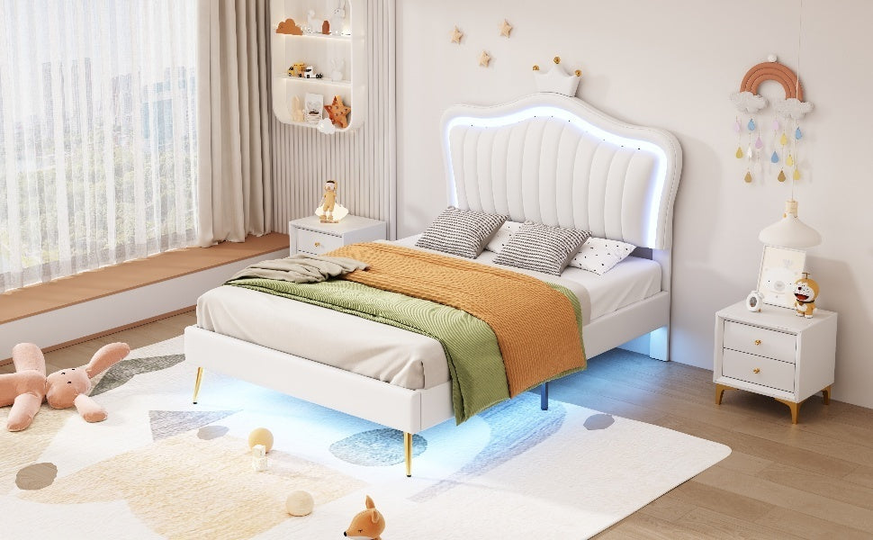 HAOYYE Twin Size Upholstered Bed Frame with LED Lights, Modern Upholstered Princess Bed With Crown Headboard,White Sturdy Space-Saving Heavy Duty Modern Design Adults Dorm Room Easy Assembly
