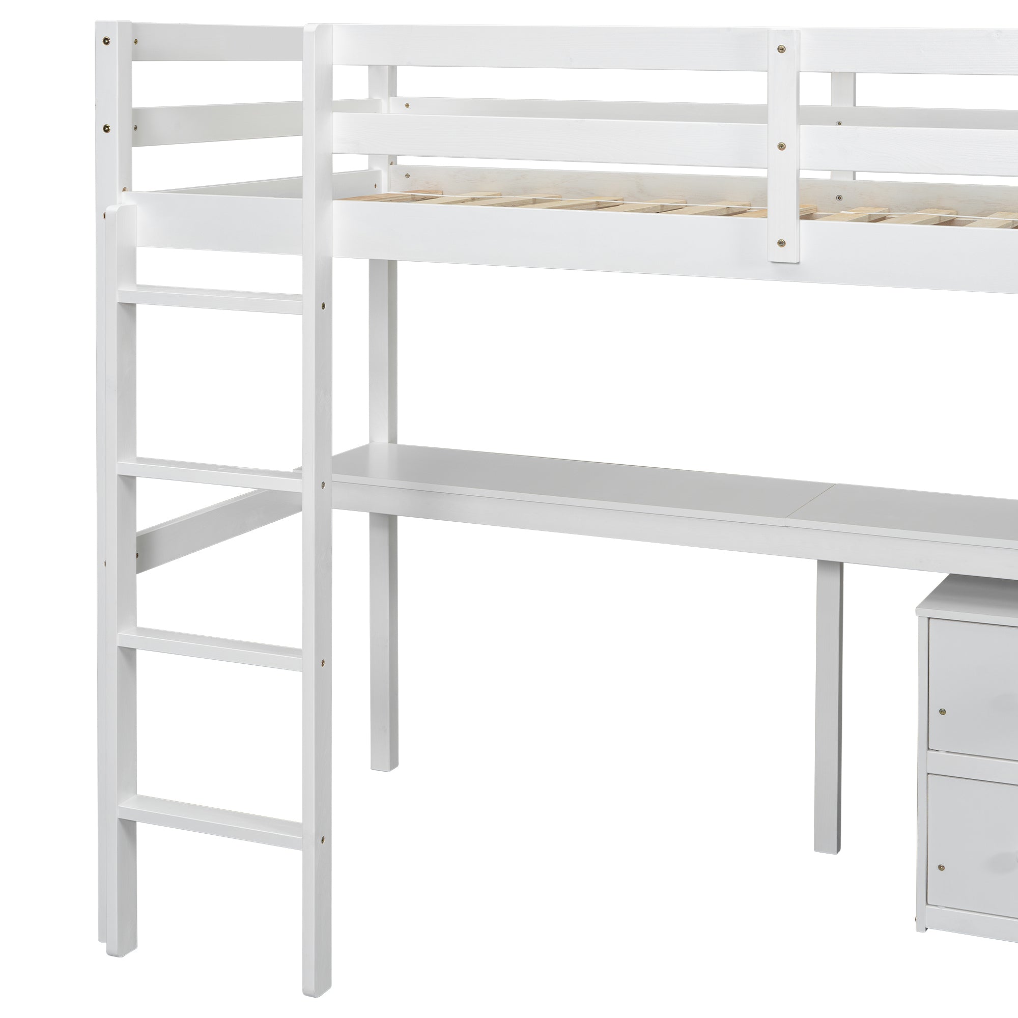 HAOYYE Twin Loft Wood Bed with Under-Bed Built-In Desk and Two-Drawer Storage Cabinet, Guardrails, and Ladder, White Sturdy Space-Saving Design, Heavy Duty Construction, Easy Assembly, Durable Stylish Home Furniture