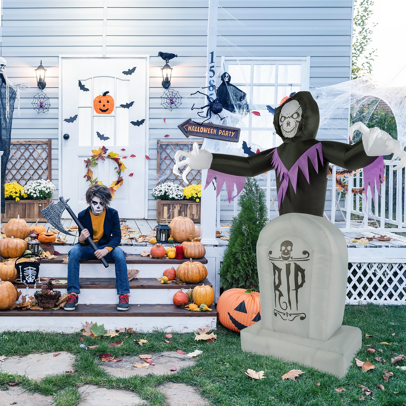 HAOYYE Halloween Inflatable Decoration Black 3-Piece Grim Reaper and Grave Set with LED String Lights Powerful Blower Easy Setup Waterproof Polyester for Garden Yard Lawn Patio Outdoor Party