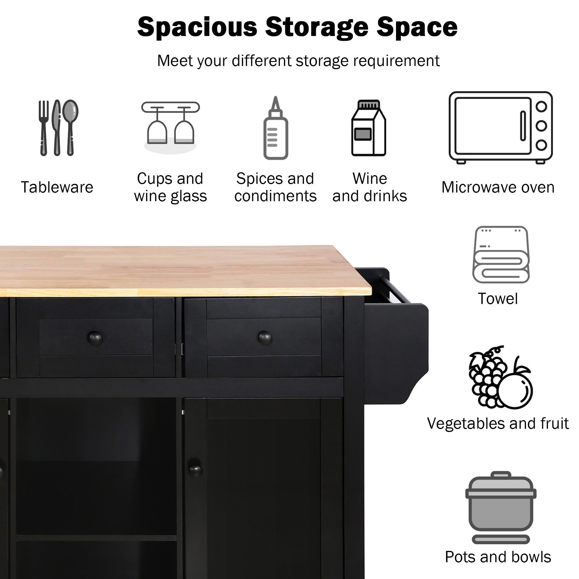HAOYYE Kitchen Cart with Rubberwood Drop-Leaf Countertop, Internal Storage Racks, 5-Wheel Kitchen Island with Storage Cabinet and 3 Drawers, Black, Sturdy Space-Saving Design, Durable and Stylish Home Furniture