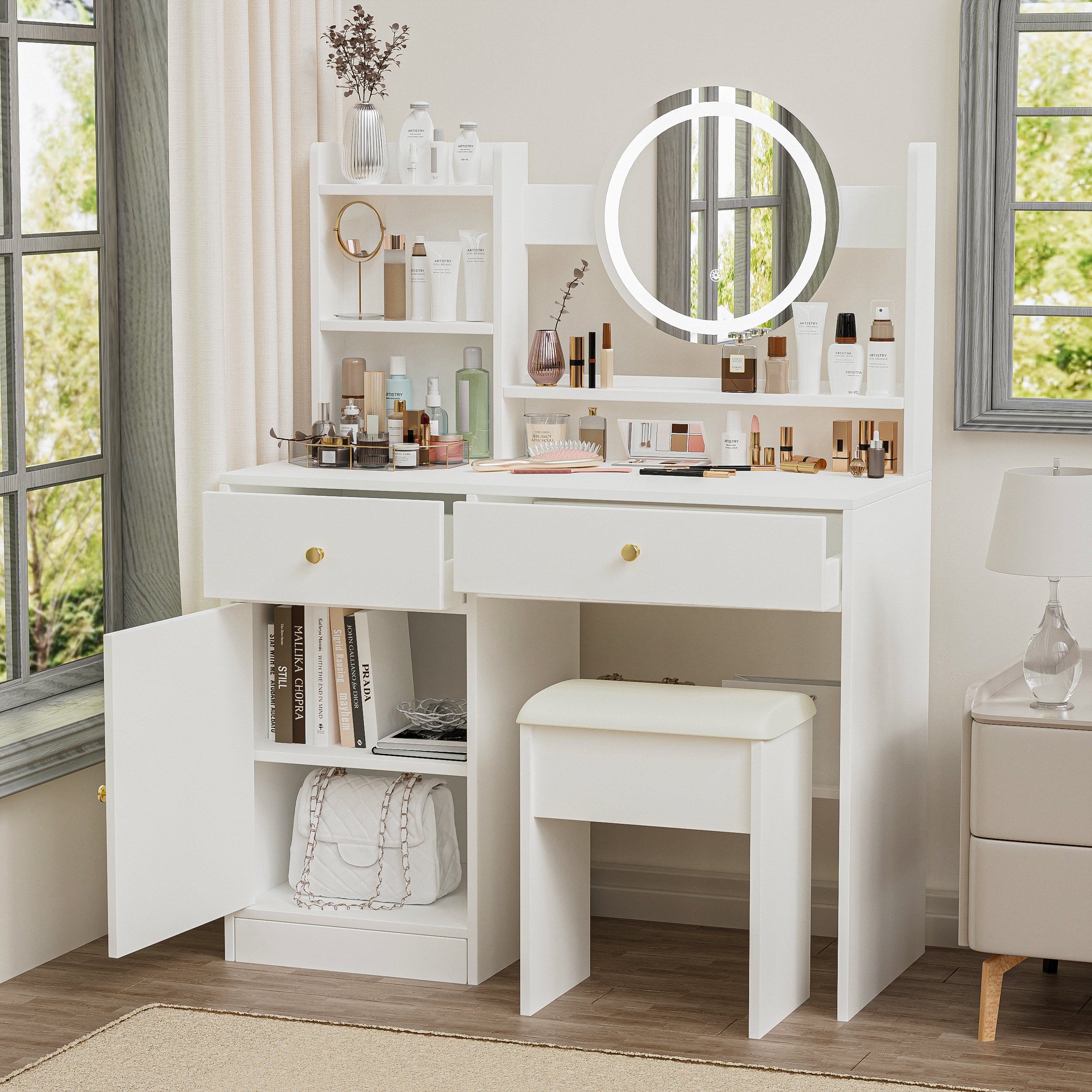 HAOYYE Fashion Vanity Desk with Mirror and Lights for Makeup and Cushioned Chair, Vanity Mirror with Lights and Table Set with 3 Color Lighting Brightness Adjustable,Dressing table, White Color Sturdy