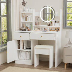 HAOYYE Fashion Vanity Desk with Mirror and Lights for Makeup and Cushioned Chair, Vanity Mirror with Lights and Table Set with 3 Color Lighting Brightness Adjustable,Dressing table, White Color Sturdy
