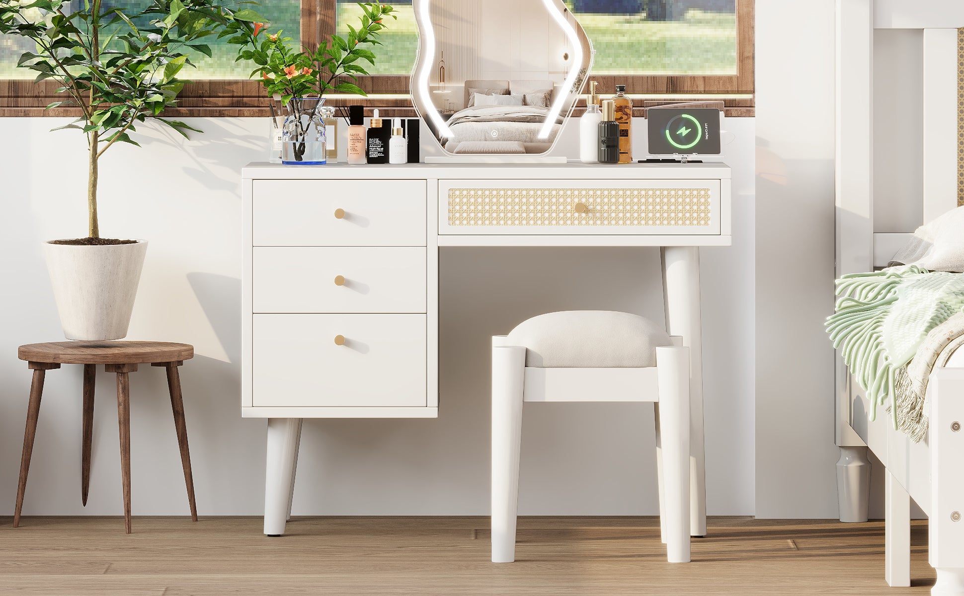 HAOYYE 39" Retro Bohemian Style Wooden Makeup Vanity Set with Charging Plug&USB Port and Stool, Dressing Table with 3 Storage Drawers and 1 Rectangular Rattan Drawer, White