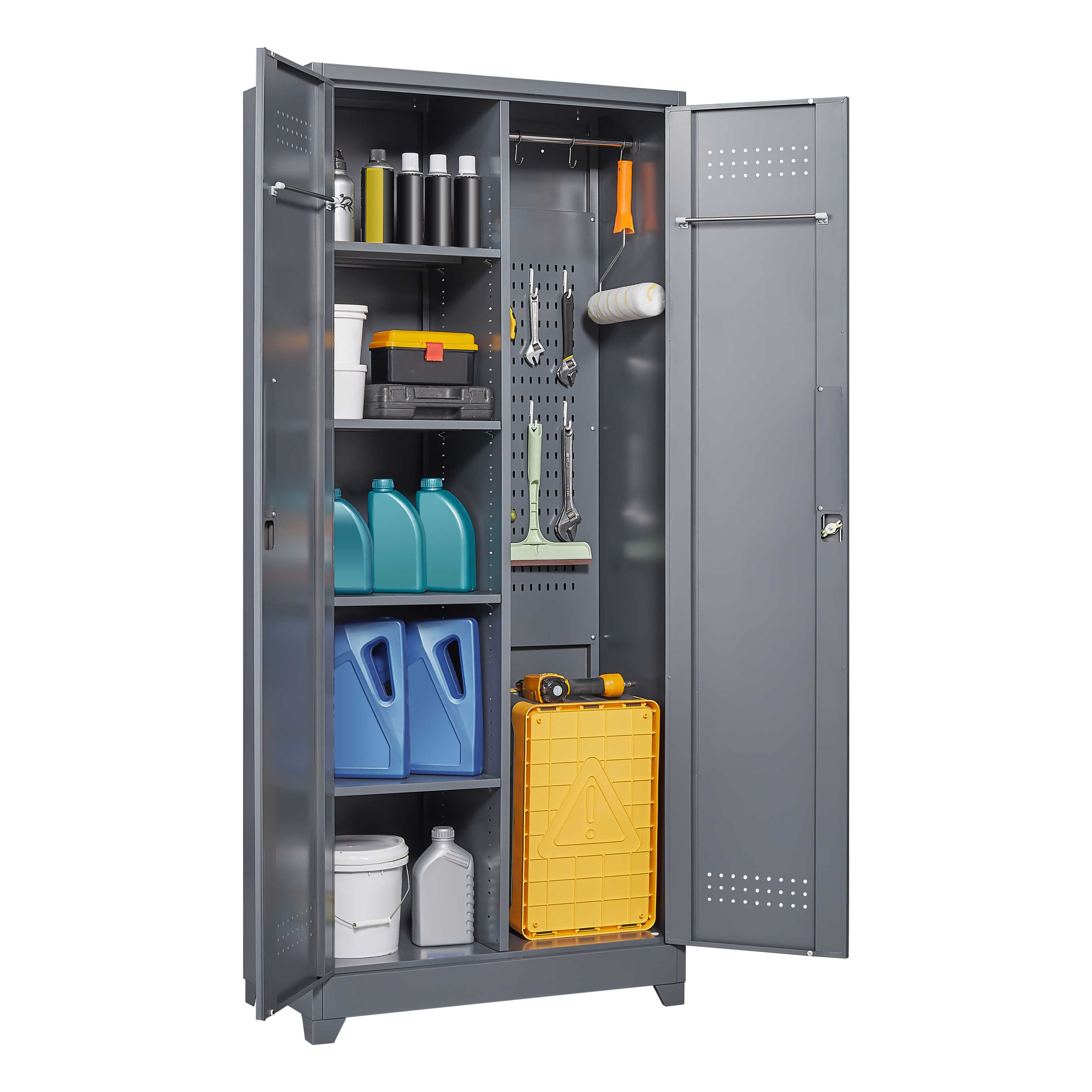 HAOYYE Metal Storage Cabinets, Cleaning Tool Cabinet with Locking Door, Tall Broom Tool Organizer and Storage, Large Storage Cabinet for Kitchen, Pantry, Office, Shop Sturdy Space-Saving Heavy Duty Durable