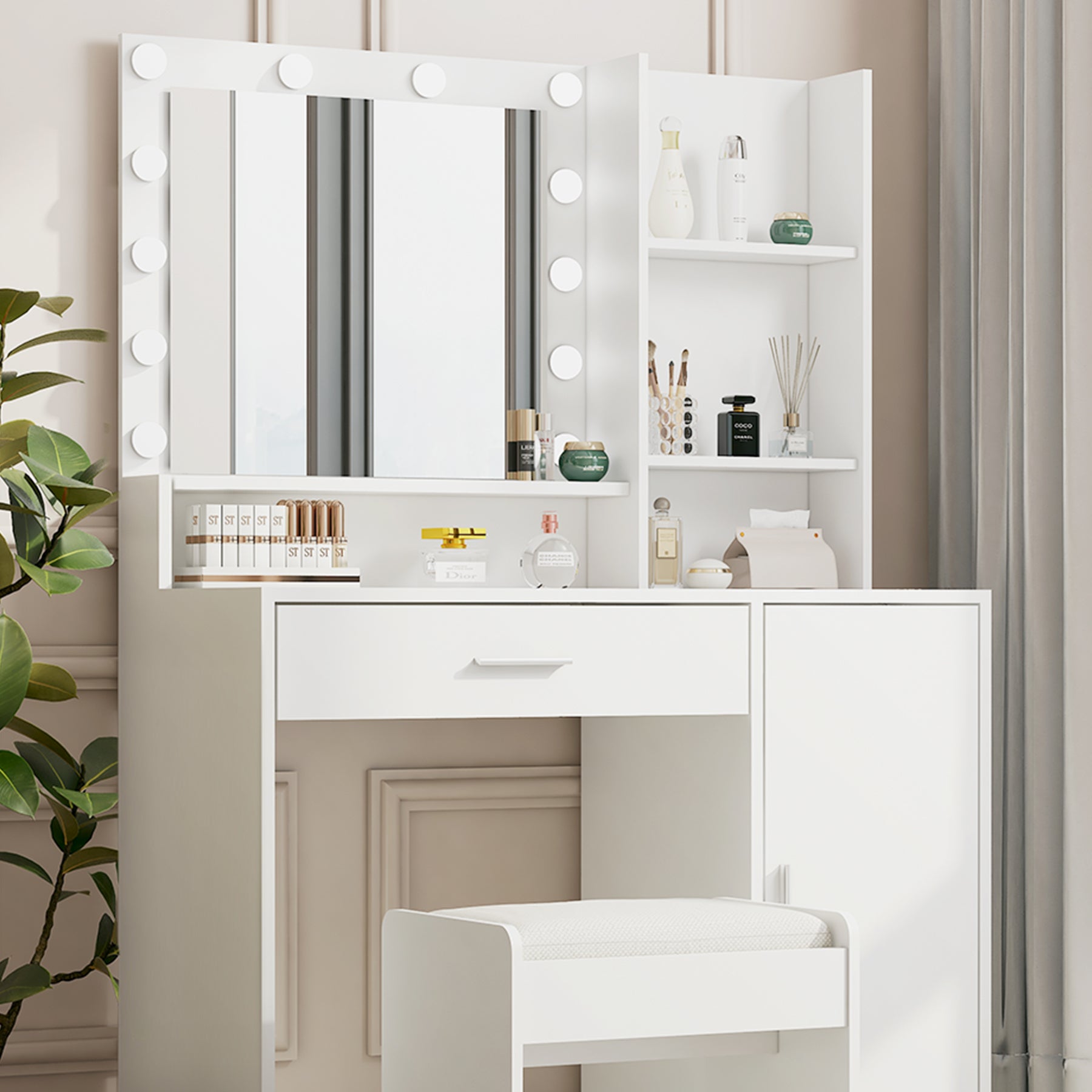 HAOYYE Vanity Desk with Mirror & Light, Large Drawer Three-Level Storage Dresser, 3 Lighting Modes with Adjustable Brightness, Modern Luxury Bedroom Dressing Table, White with Stool