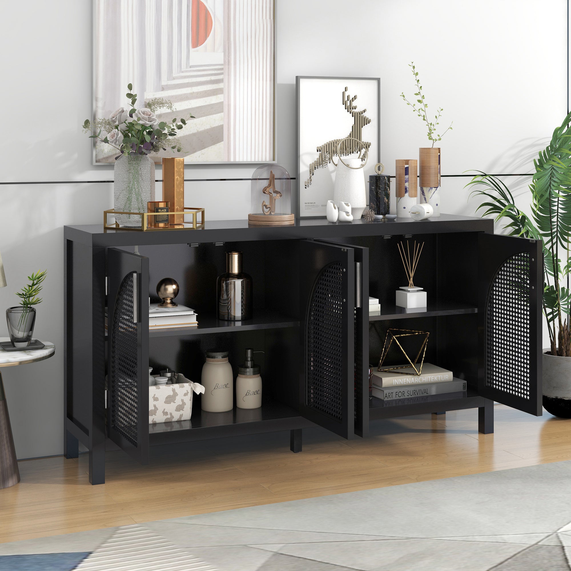 HAOYYE Large Storage Space Sideboard with Artificial Rattan Door and Metal Handles for Living Room and Entryway (Black) Sturdy Space-Saving Heavy Duty Modern Design Adults Dorm Room Easy Assembly