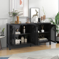 HAOYYE Large Storage Space Sideboard with Artificial Rattan Door and Metal Handles for Living Room and Entryway (Black) Sturdy Space-Saving Heavy Duty Modern Design Adults Dorm Room Easy Assembly