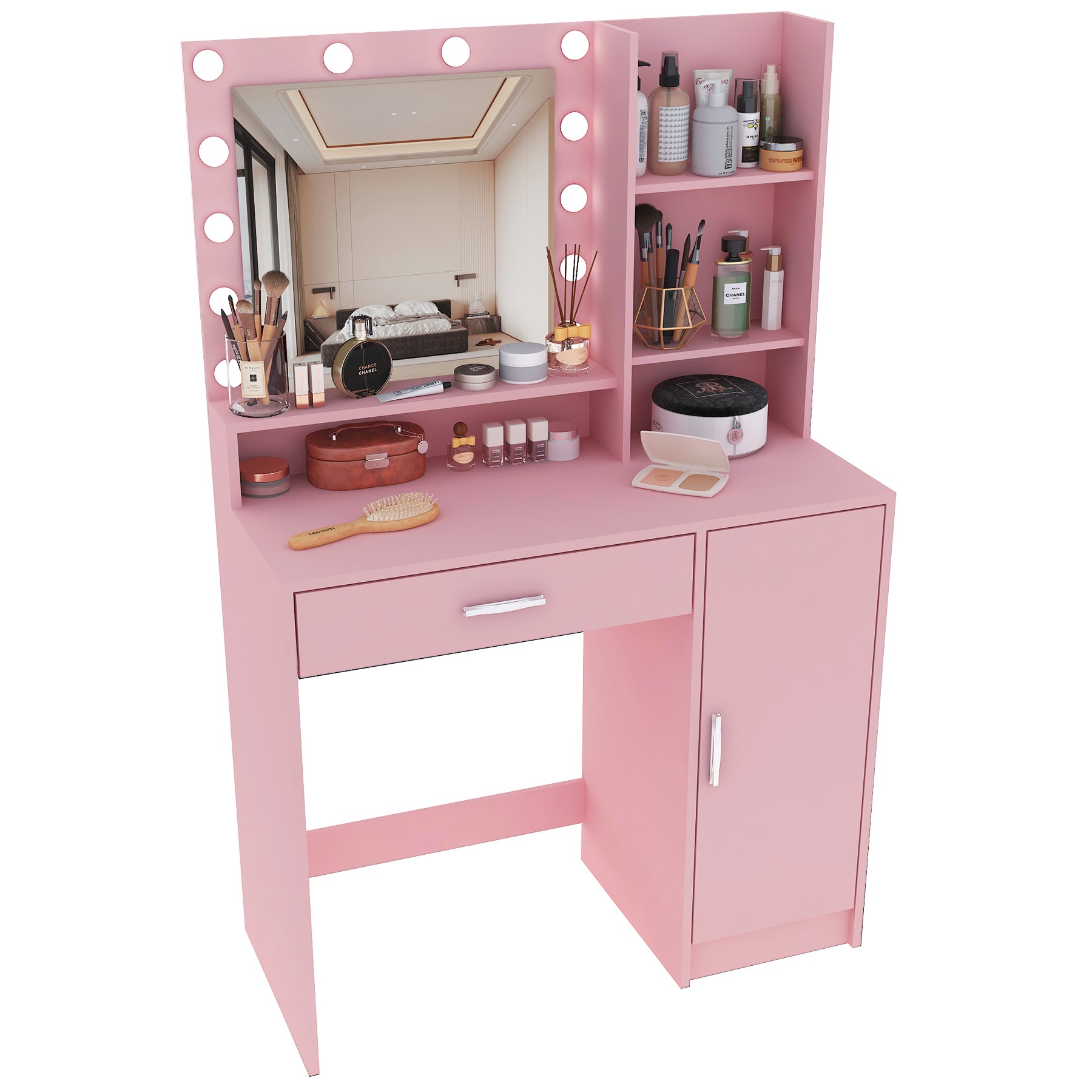 HAOYYE Vanity Desk with Mirror & Light, Large Drawer Three Level Storage Dresser, 3 Lighting Modes Adjustable Brightness, Bedroom Dressing Table(Pink) with modern design, luxury style, durable.