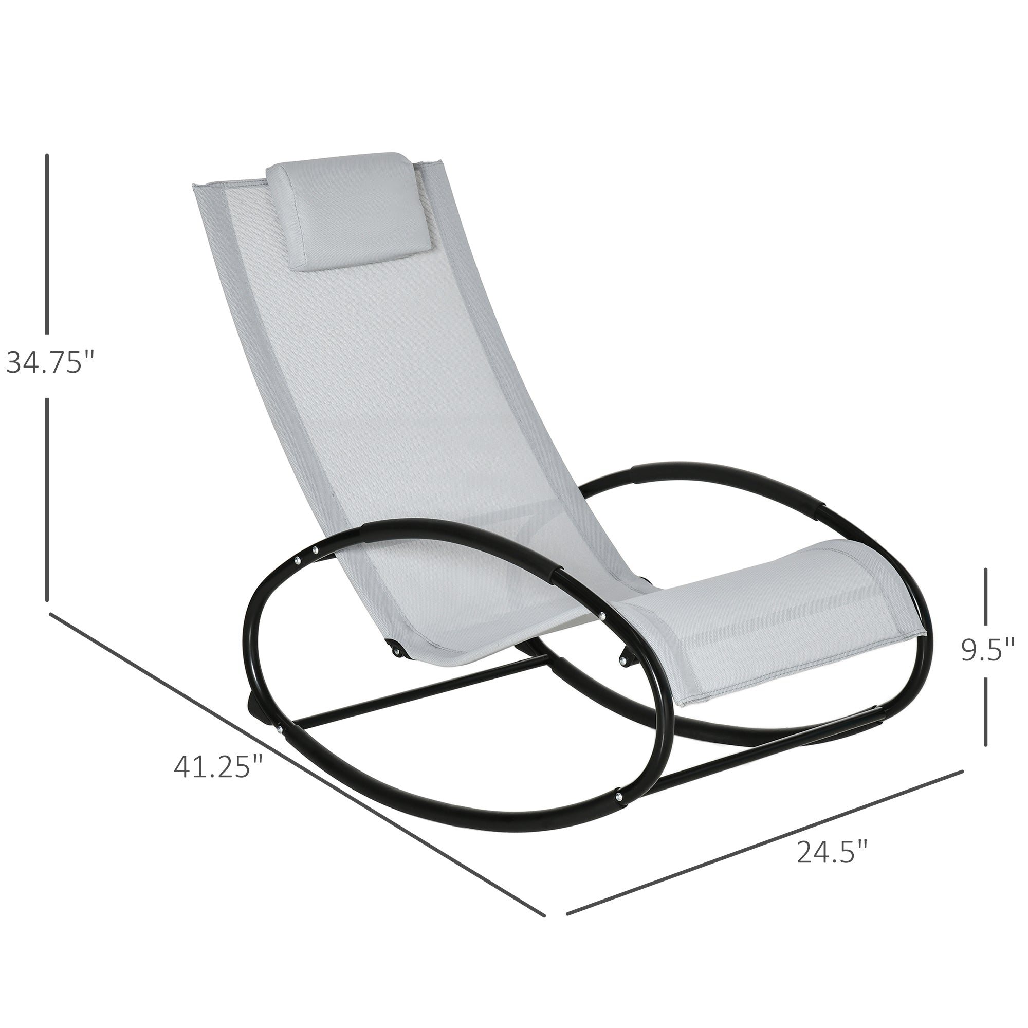 HAOYYE Grey Outdoor Rocking Chair with Breathable Mesh Fabric and Pillow Headrest, Powder-Coated Steel Frame for Water Resistance, Safety Rocker Stoppers, Rubber Floor Protectors, Comfortable Armrests, Perfect for Patio, Garden, and Lounge Seating