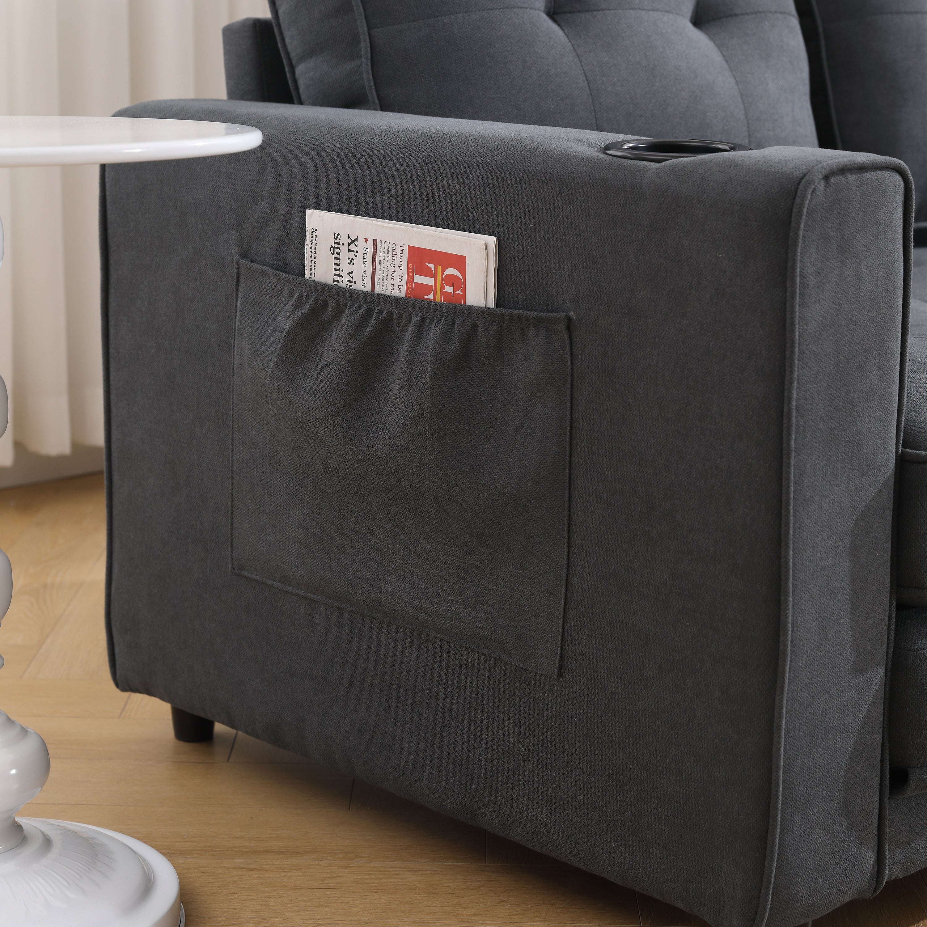 HAOYYE 3-in-1 Upholstered Convertible Futon Sofa Bed, Foldable Tufted Loveseat with Pull-Out Sleeper, Daybed with Side Pockets and Cup Holder, Dark Gray Sturdy Space-Saving Modern Design Easy Assembly