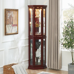 HAOYYE Corner Curio Cabinet with Built-In Lights, Adjustable Tempered Glass Shelves, Mirrored Back Panel, Modern Display Cabinet, Cherry Finish, Sturdy and Space-Saving Design, Ideal for Living Room or Dining Room