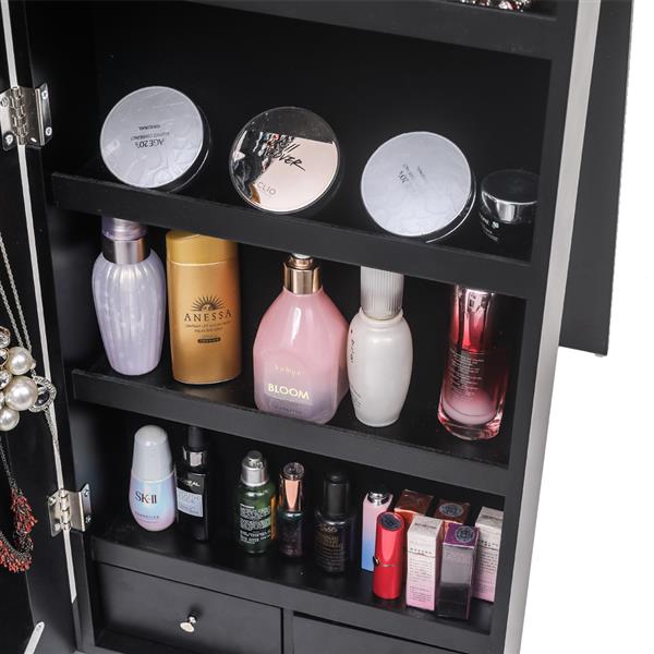 HAOYYE Jewelry Storage Cabinet With Blue LED Light, Upright Jewelry Organizer Cabinet Featuring Full-Length Mirror, Multiple Compartments For Necklaces, Rings, Earrings, Bracelets, Durable Black Finish For Home Use