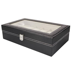 HAOYYE 12 Compartments Top-Level Opening Style Leather Watch Collection Box, Black Soft Cozy Warm Flannel Fleece Home Decor, Luxury Comfortable Unique Design, Premium Quality Decorative Display Case for Watches and Accessories