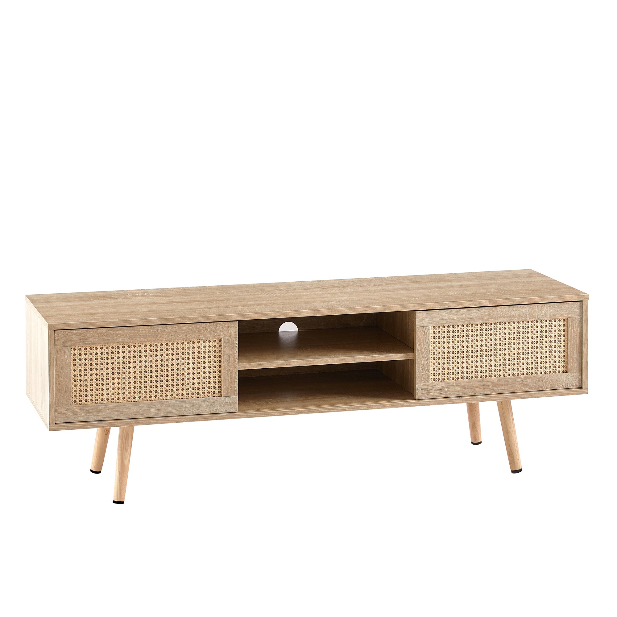 HAOYYE 55.12" Rattan TV cabinet, double sliding doors for storage, adjustable shelf, solid wood legs, TV console for living room ,natural Sturdy Space-Saving Heavy Duty Modern Design Adults Dorm Room