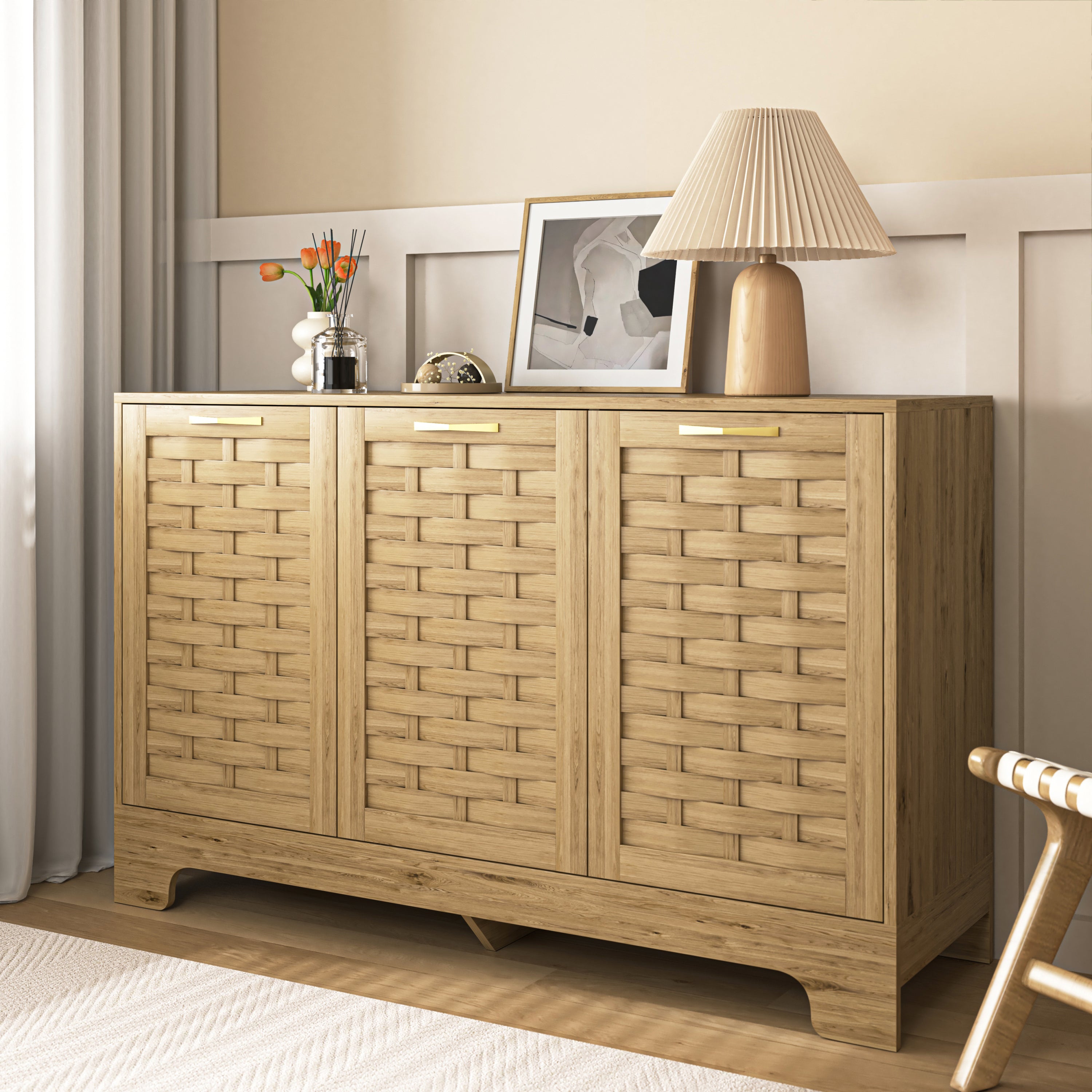 HAOYYE Storage Cabinet with 3 Doors, Wood Sideboard Buffet Storage with Adjustable Shelf, Anti-tip Kit Accent Cabinet for Living Room, Hallway, Entryway, Dining Room, Bedroom Sturdy Space-Saving Heavy Duty