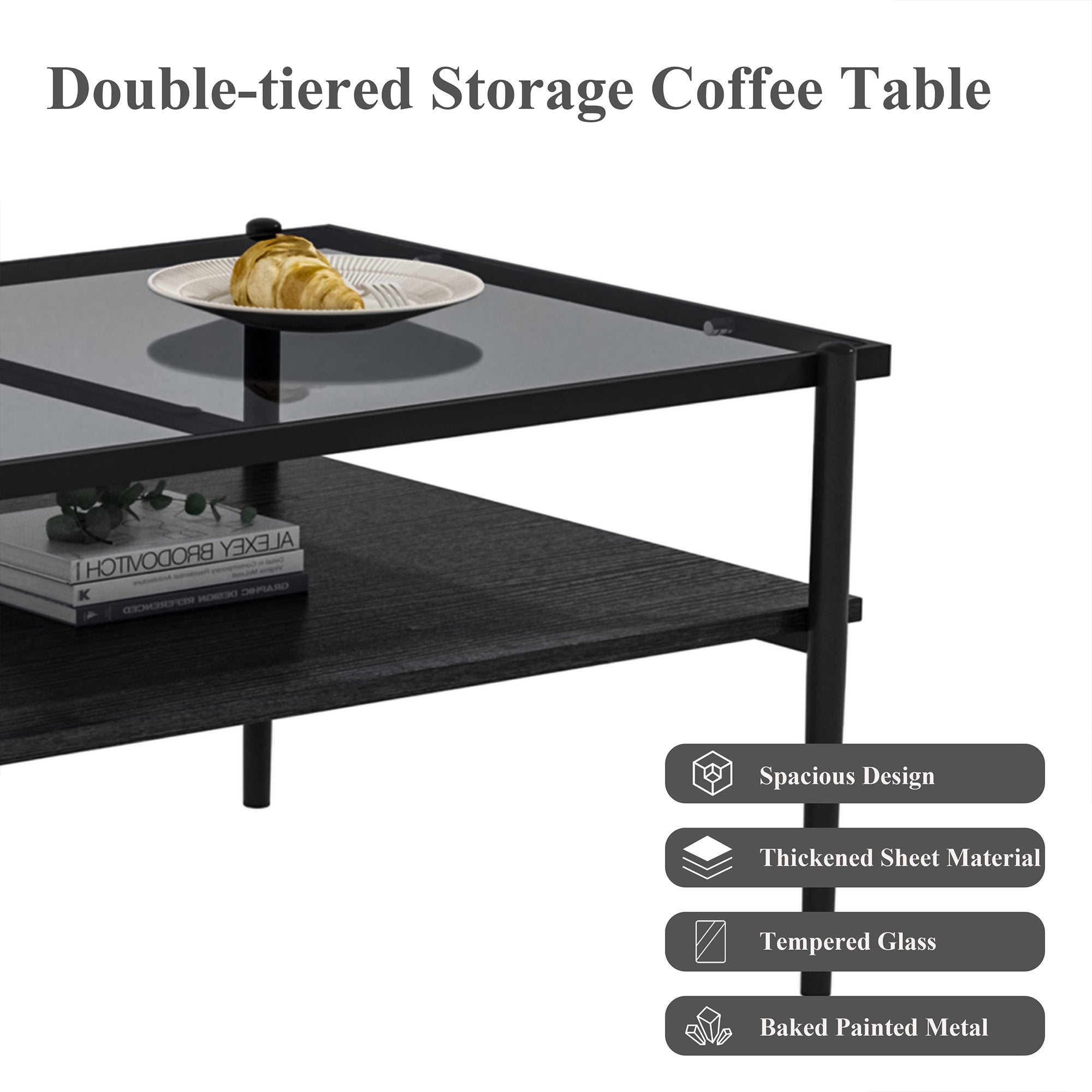 HAOYYE Rectangle Coffee Table with Gray Tempered Glass top and Black Legs,Modern Table for Living Room Sturdy Space-Saving Heavy Duty Modern Design Adults Dorm Room Easy Assembly Bedroom Furniture