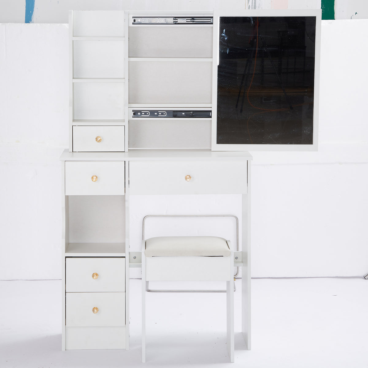HAOYYE Small Size Left Drawer Desktop Vanity Table + Cushioned Stool, Extra Large Sliding Mirror, Multi Layer, High Capacity Storage Fashionable Dresser, Suitable for Small Space, EPA,GCC,UL Certificate