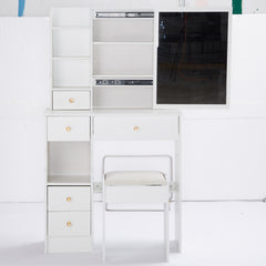 HAOYYE Small Size Left Drawer Desktop Vanity Table + Cushioned Stool, Extra Large Sliding Mirror, Multi Layer, High Capacity Storage Fashionable Dresser, Suitable for Small Space, EPA,GCC,UL Certificate