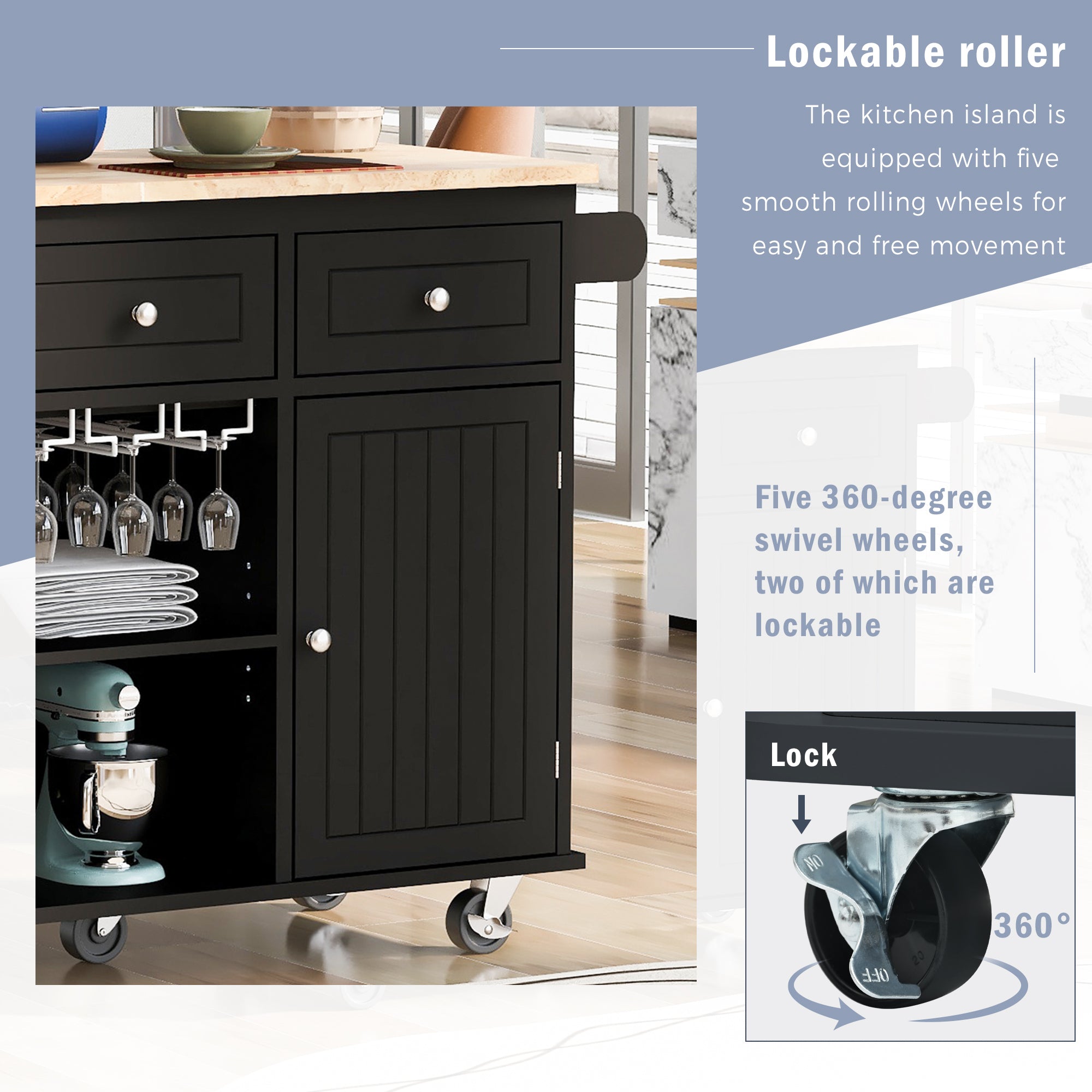 HAOYYE Kitchen Island with Power Outlet, Drop Leaf, Rubber Wood Top, Wine Rack, and Adjustable Storage. Black Kitchen Storage Island on Wheels, Ideal for Home, Kitchen, and Dining Room