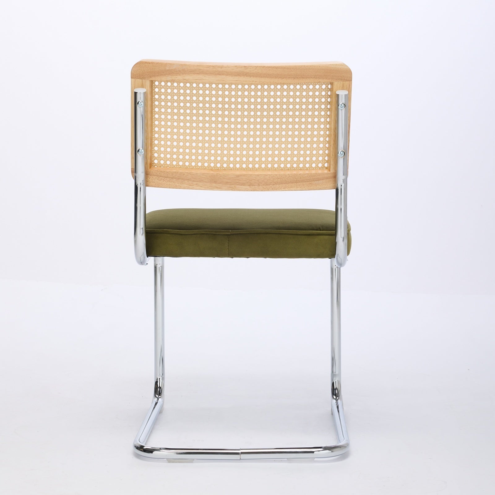 HAOYYE Mid Century Modern Dining Chairs Set of 2, Velvet Accent Chairs with Natural Cane Back & Stainless Chrome Base, Famous Breuer Designed Chairs, Upholstered Rattan Kitchen Chairs,Olive-Green Sturdy