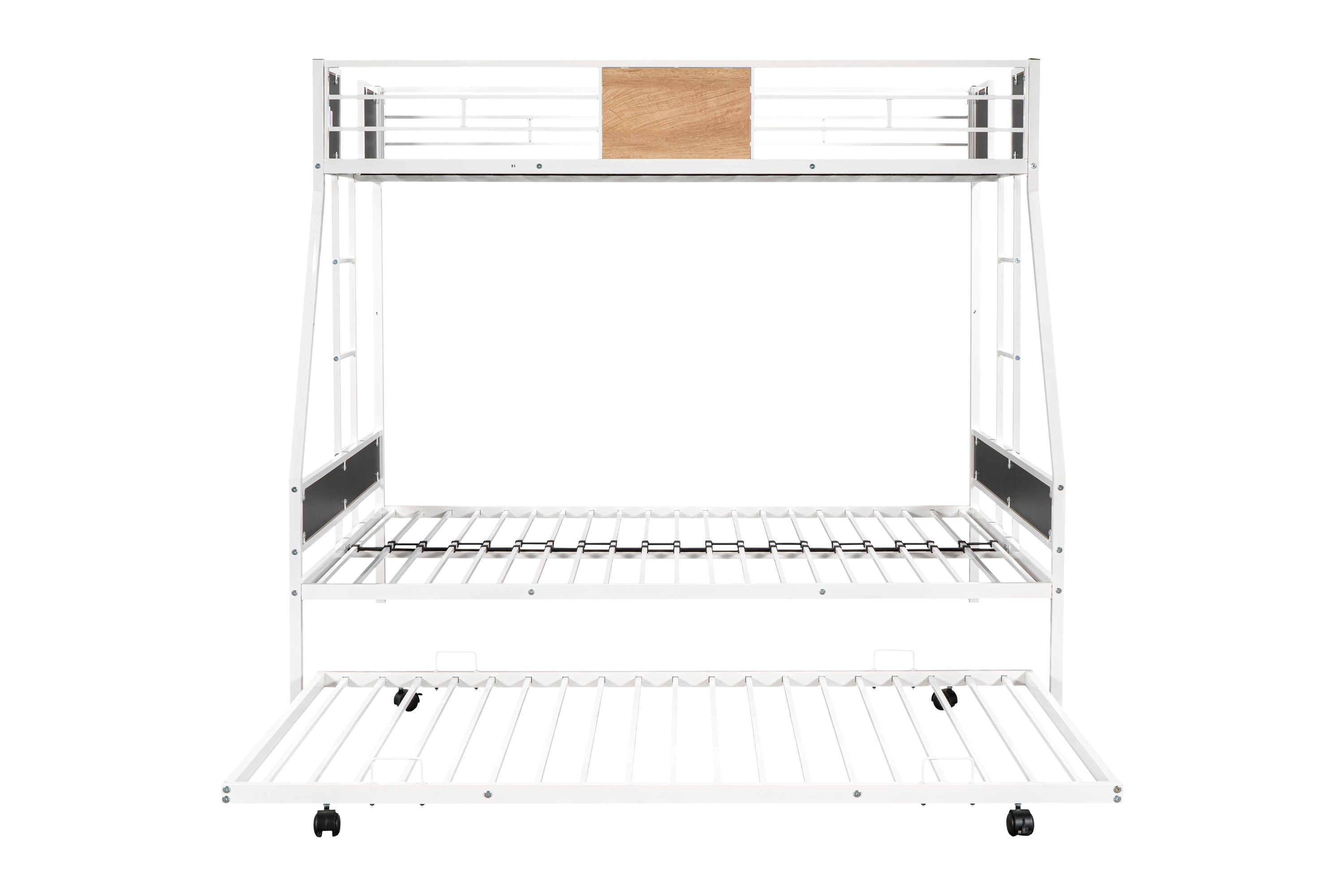 HAOYYE Metal Twin over Full Bunk Bed with Trundle/ Heavy-duty Sturdy Metal/ Noise Reduced/ Safety Guardrail/ Wooden Decoration/ Convenient Trundle / Bunk Bed for Three/ CPC Certified/ No Box Spring Needed