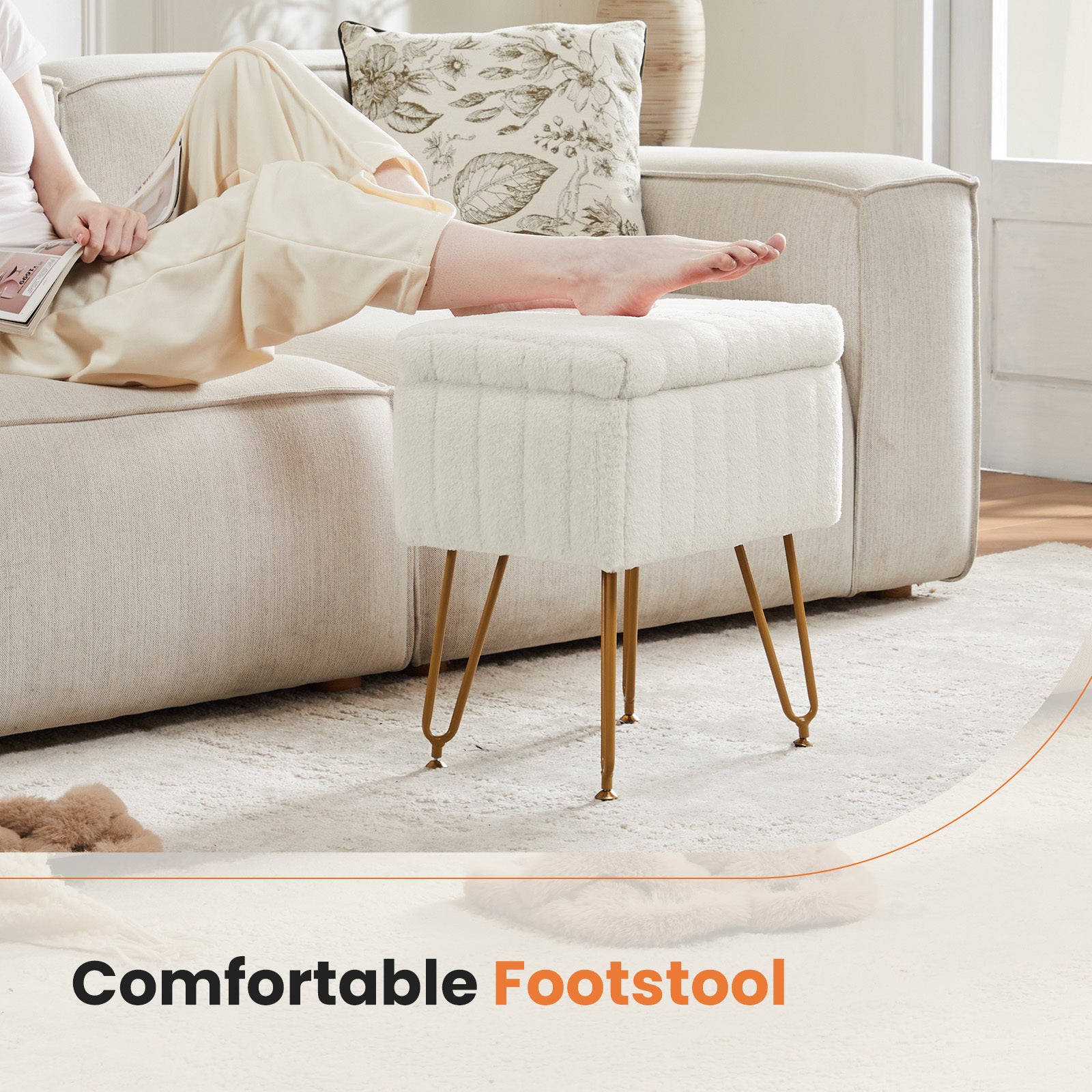 HAOYYE White Faux Fur Vanity Stool Chair With Storage, Soft Padded Makeup Ottoman Seat, 4 Sturdy Metal Legs With Anti-Slip Adjustable Feet, Modern Space-Saving Design For Adults, Suitable For Bedroom Or Dressing Room
