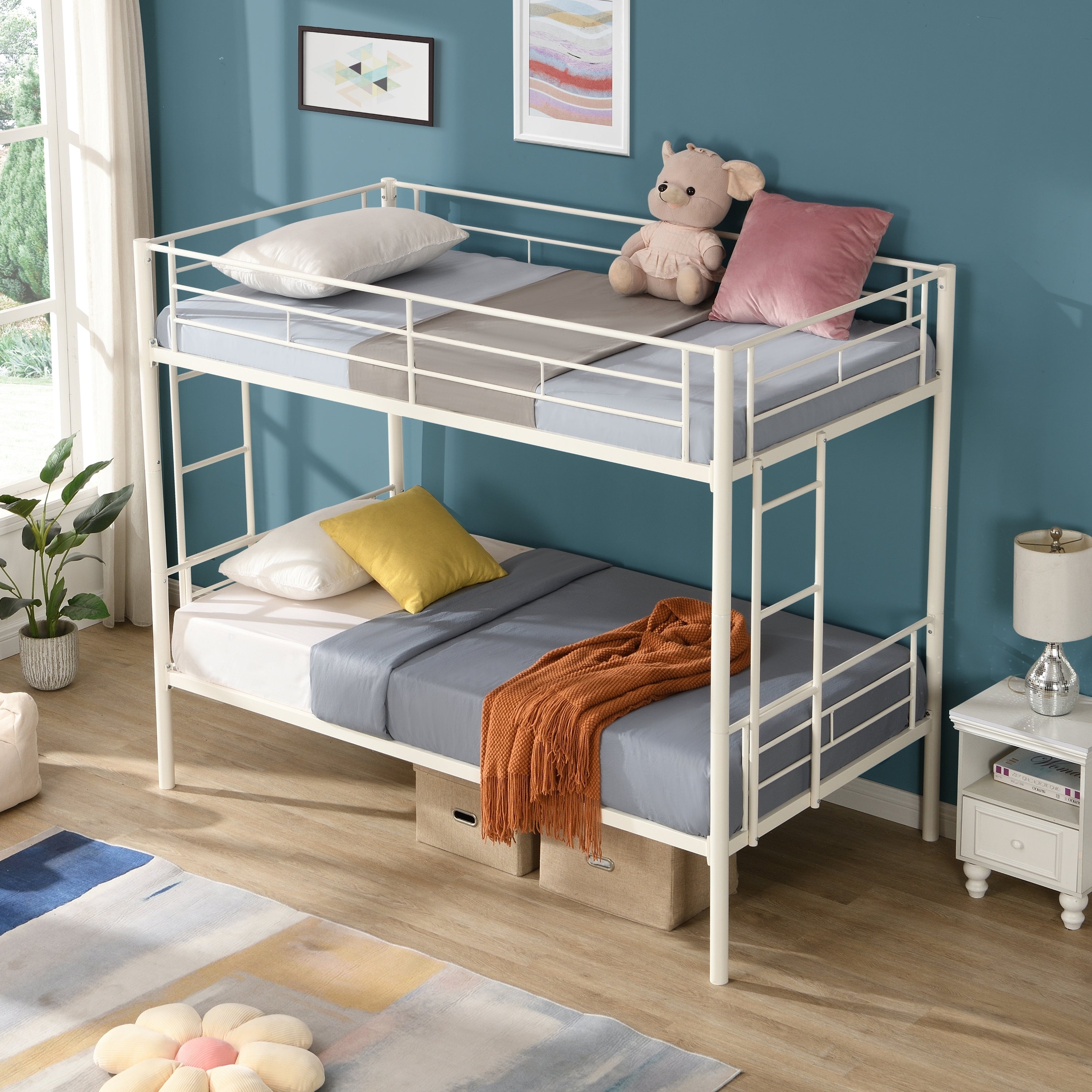 HAOYYE Twin Over Twin Metal Bunk Bed,Metal Structure Bedframe with Safety Guardrails and 2 ladders,Convertible Bunkbeds,No Spring Box Required and Space Saving Design,White Sturdy Space-Saving Heavy Duty