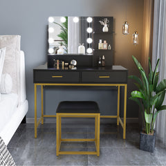 HAOYYE Large Vanity Set with 10 LED Bulbs, Makeup Table with Cushioned Stool, Multiple Storage Shelves and Drawers, Stylish Dressing Table Desk for Bedroom, Modern Black Design for Convenient Makeup and Organization