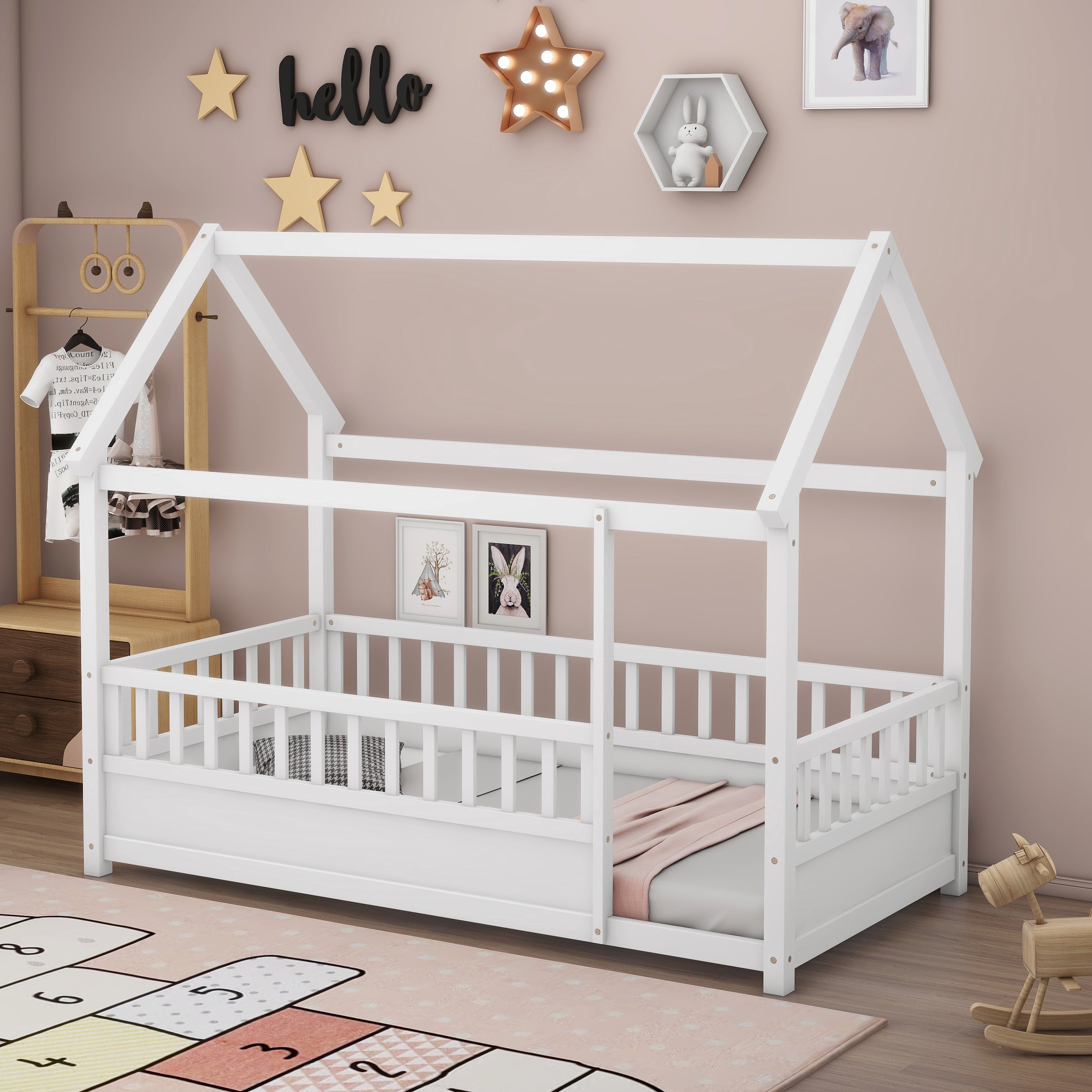 HAOYYE Twin Size Floor Wooden Bed with House Roof Frame, Fence Guardrails,White Sturdy Space-Saving Heavy Duty Modern Design Adults Dorm Room Easy Assembly Bedroom Furniture
