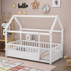 HAOYYE Twin Size Floor Wooden Bed with House Roof Frame, Fence Guardrails,White Sturdy Space-Saving Heavy Duty Modern Design Adults Dorm Room Easy Assembly Bedroom Furniture