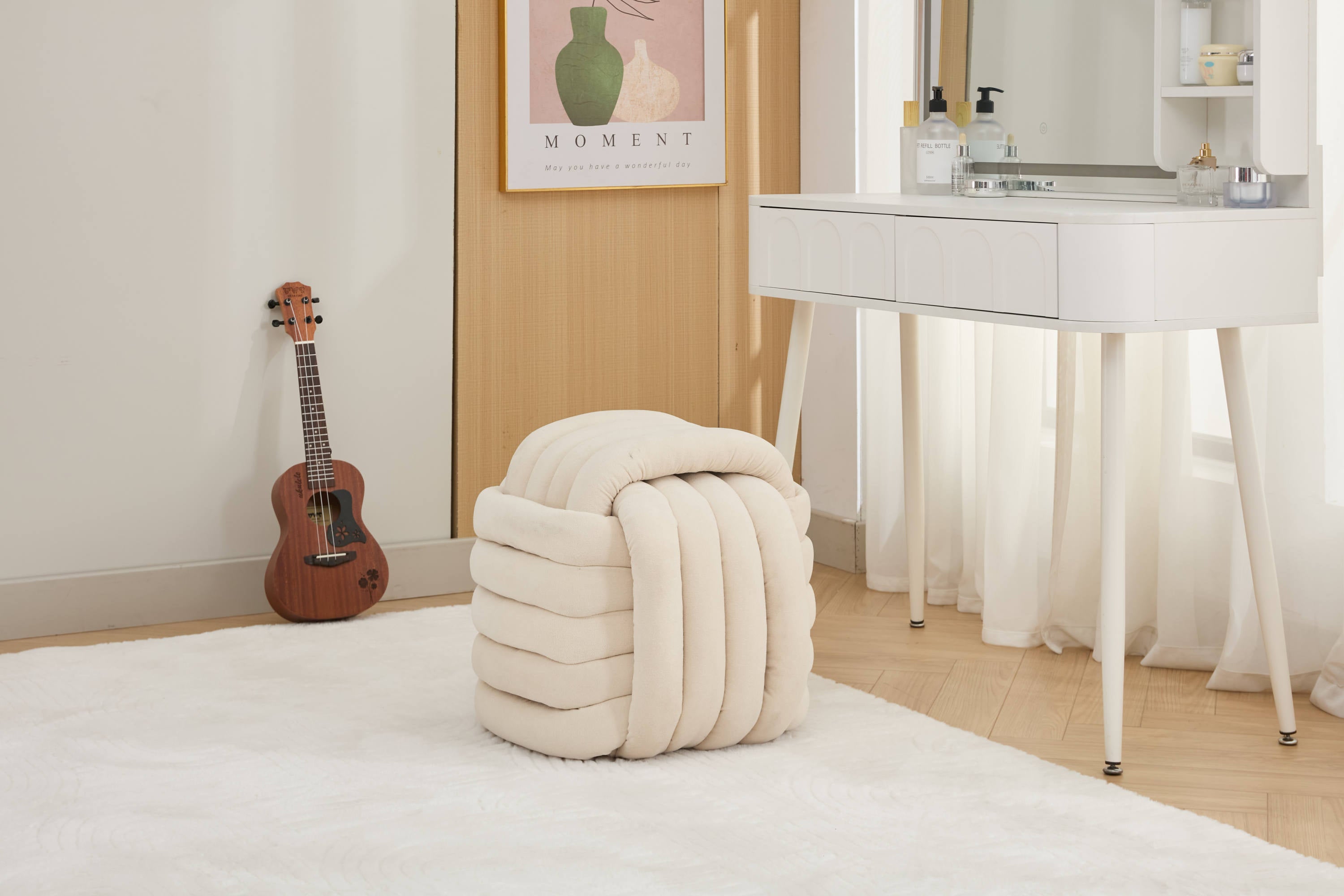 Haoyye Chenille Fabric Knot Design Ottoman Footstool Makeup Stool, Comfortable and Stylish Seat, Modern Upholstered Chair for Living Room or Bedroom, Beige, Sturdy and Space-Saving Furniture