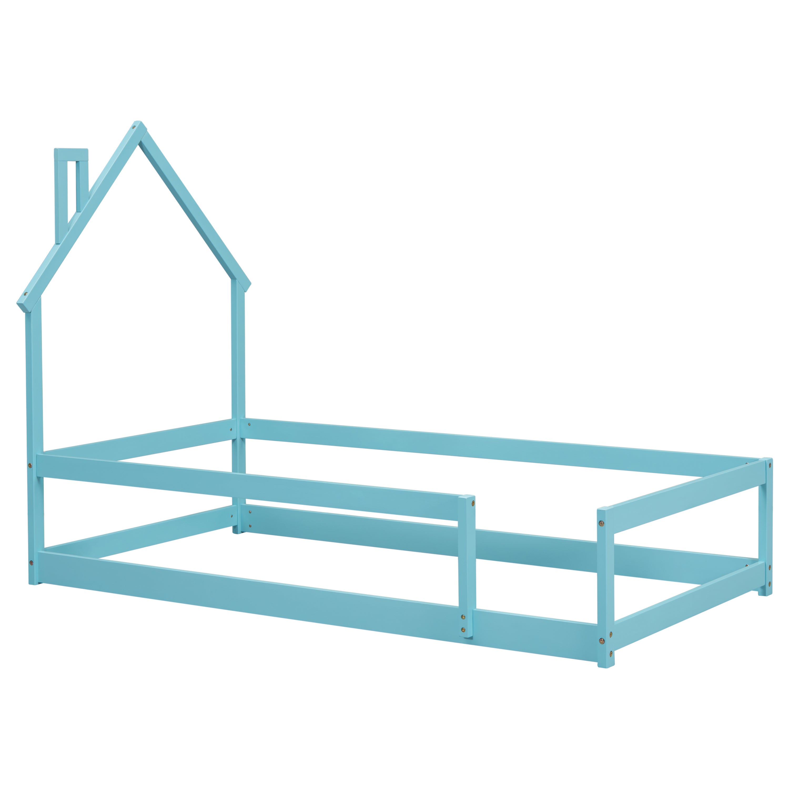 HAOYYE Twin Size Wood Bed with House-Shaped Headboard, Floor Bed with Fences, Sturdy Space-Saving Design, Easy Assembly for Bedroom, Dorm Room, and Modern Home Decor