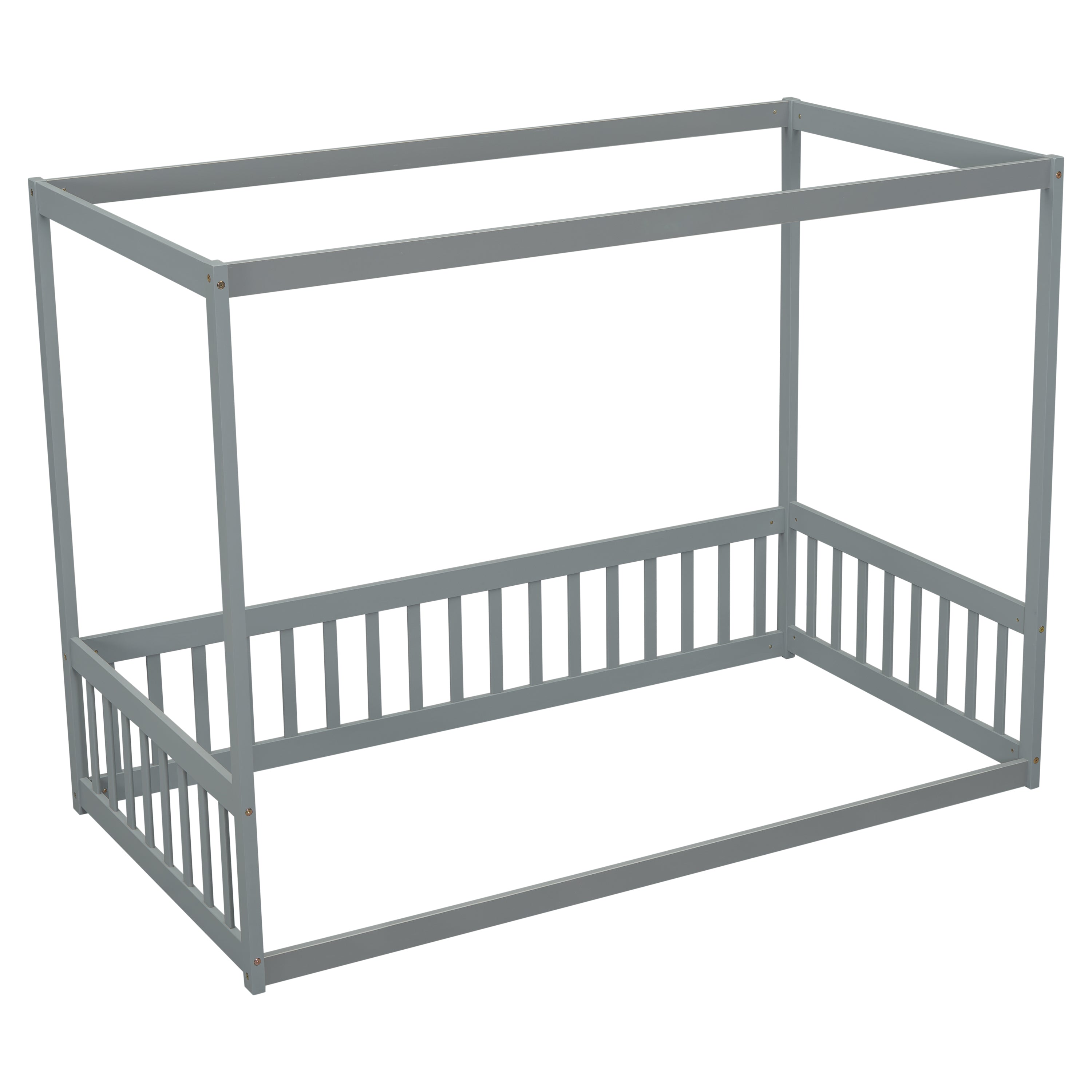 HAOYYE Twin Size Canopy Frame Floor Bed with Fence, Guardrails,Grey Sturdy Space-Saving Heavy Duty Modern Design Adults Dorm Room Easy Assembly Bedroom Furniture