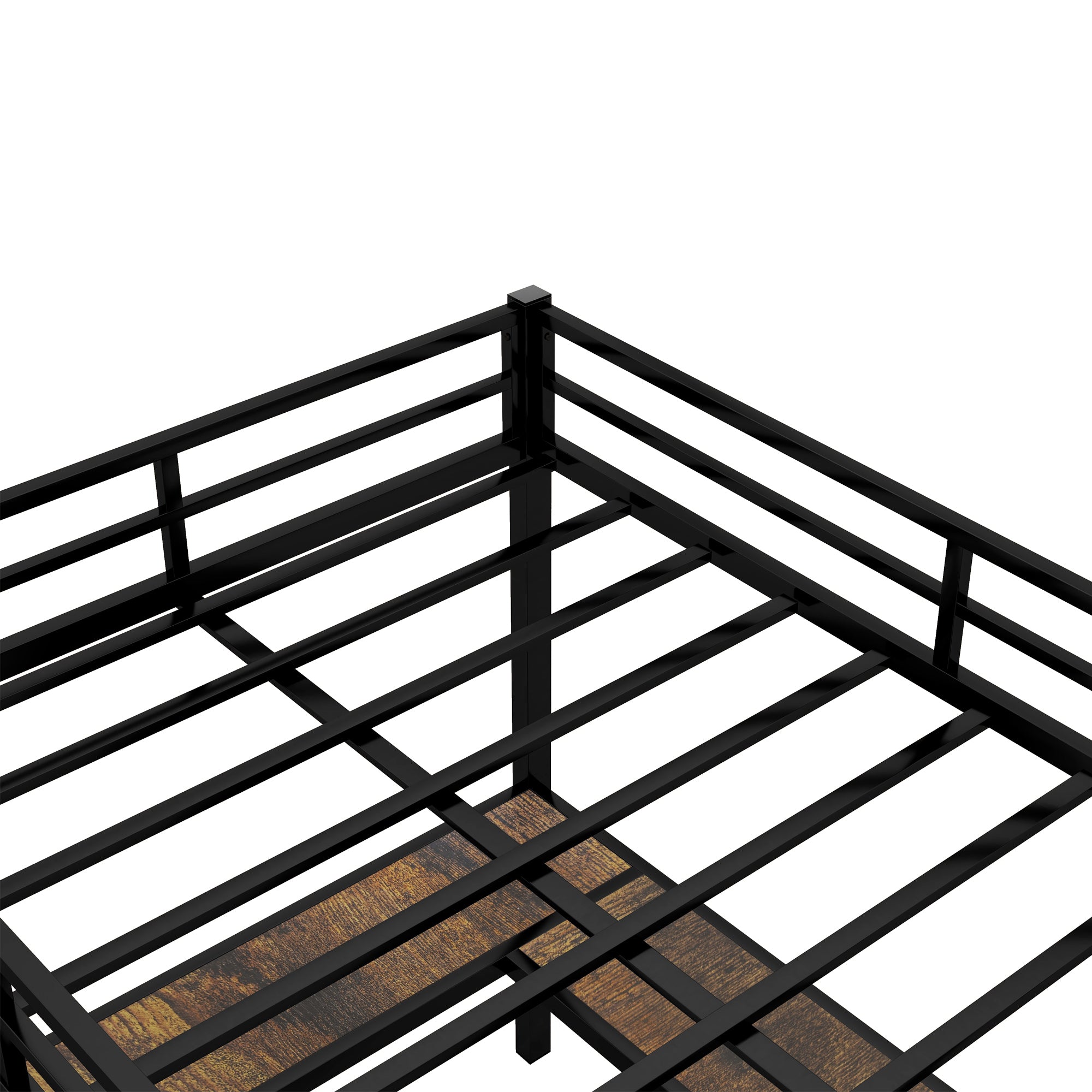 HAOYYE Full Metal Loft Bed with Desk and Shelves, Loft Bed with Ladder and Guardrails, Loft Bed Frame for Bedroom, Black with Vintage wood-colored desk Sturdy Space-Saving Heavy Duty Modern Design
