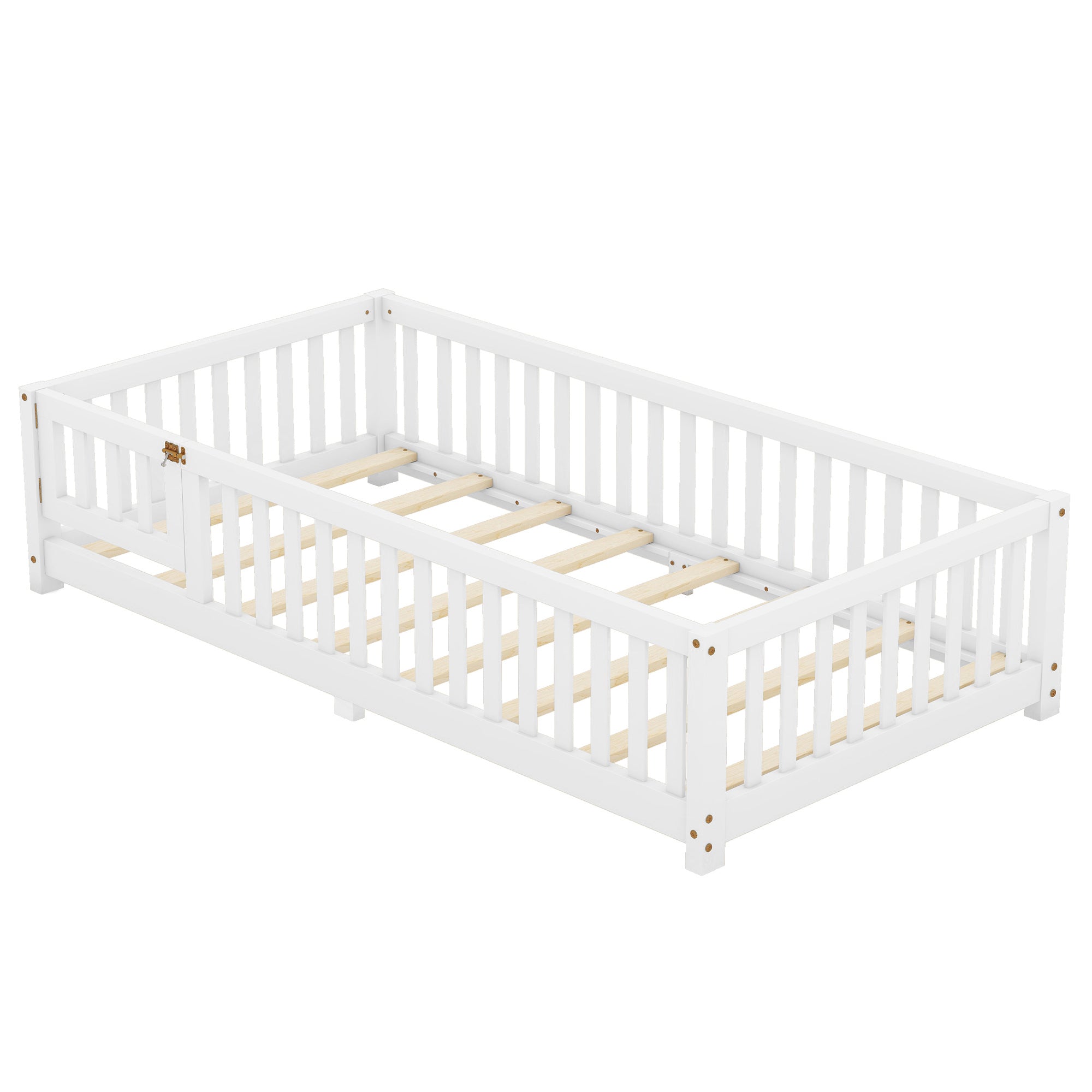 HAOYYE Twin Size Bed Floor Bed with Safety Guardrails and Door for , White(Old SKU:W158090683) Sturdy Space-Saving Heavy Duty Modern Design Adults Dorm Room Easy Assembly Bedroom Furniture