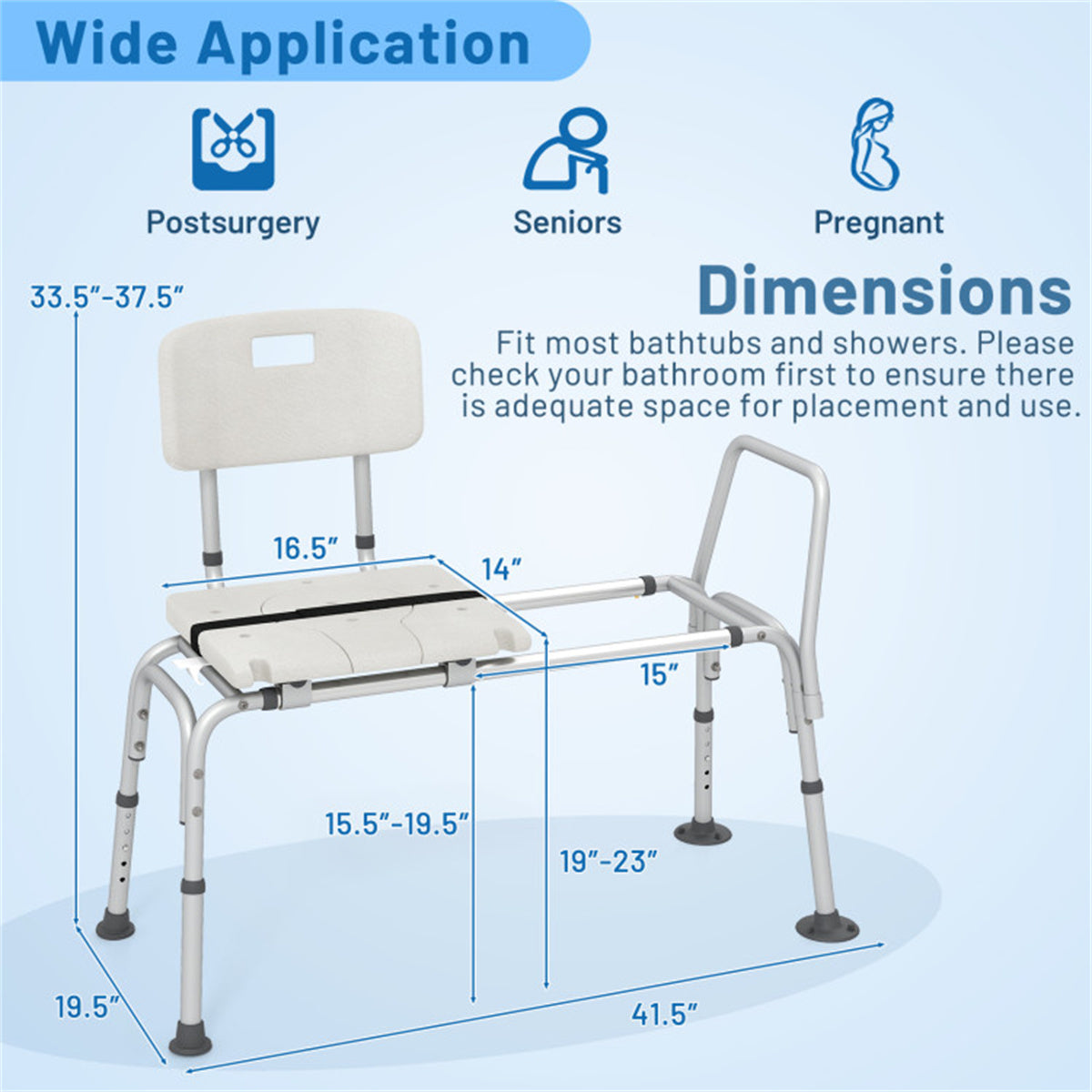 HAOYYE White Ultra Wide Bathroom Seat With 9-Level Adjustable Height Sliding Tub Transfer Bench Safety Handrail And Belt For Seniors Disabled Pregnant Women Post Surgery Rustproof Aluminum Frame Non-Slip Suction Cups