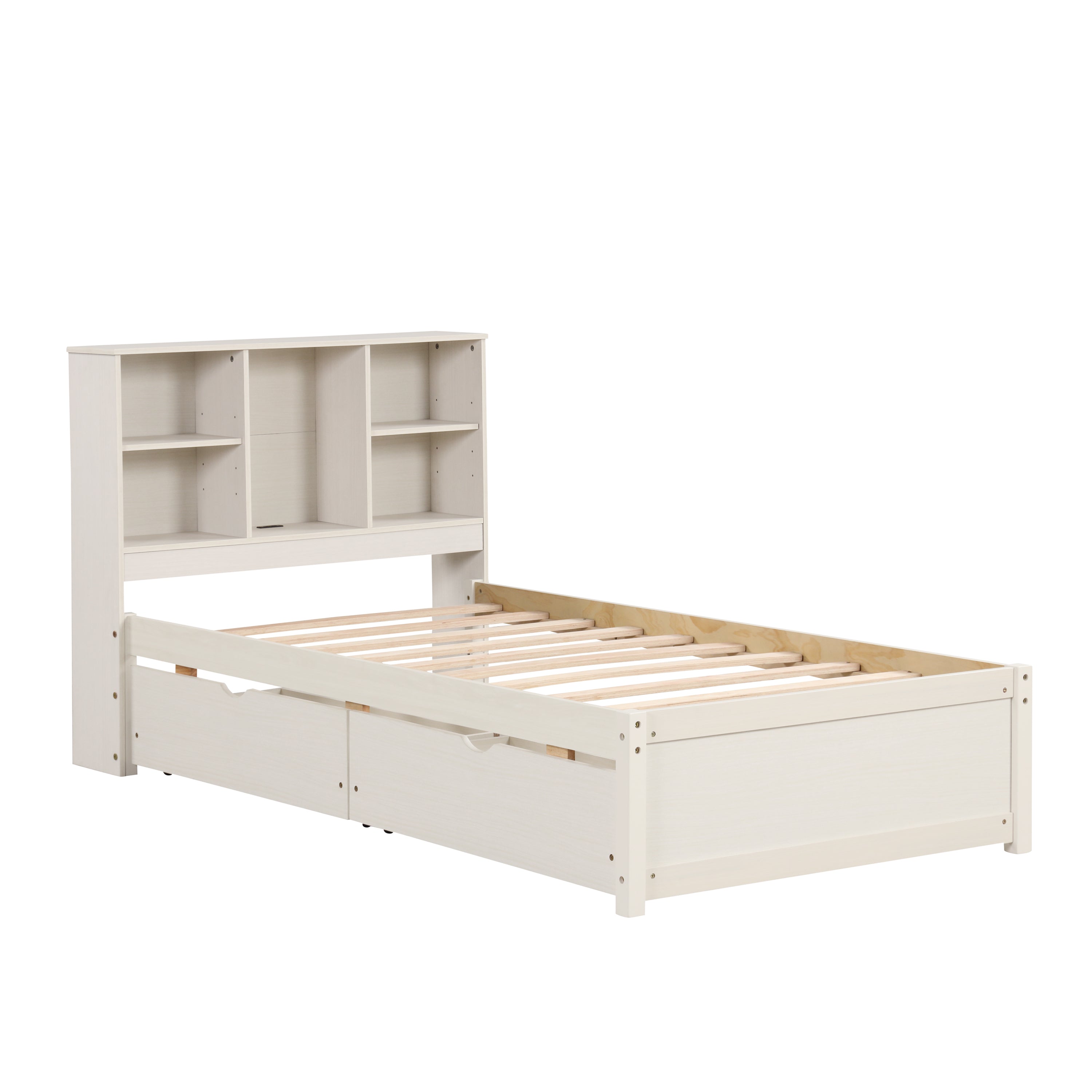 HAOYYE Modern Twin Size Bed Frame with Built-In USB Port on Bookcase Headboard and Two Drawers for White Washed Color, Sturdy Space-Saving Design, Heavy Duty Construction, Easy Assembly, Durable and Stylish Home Furniture