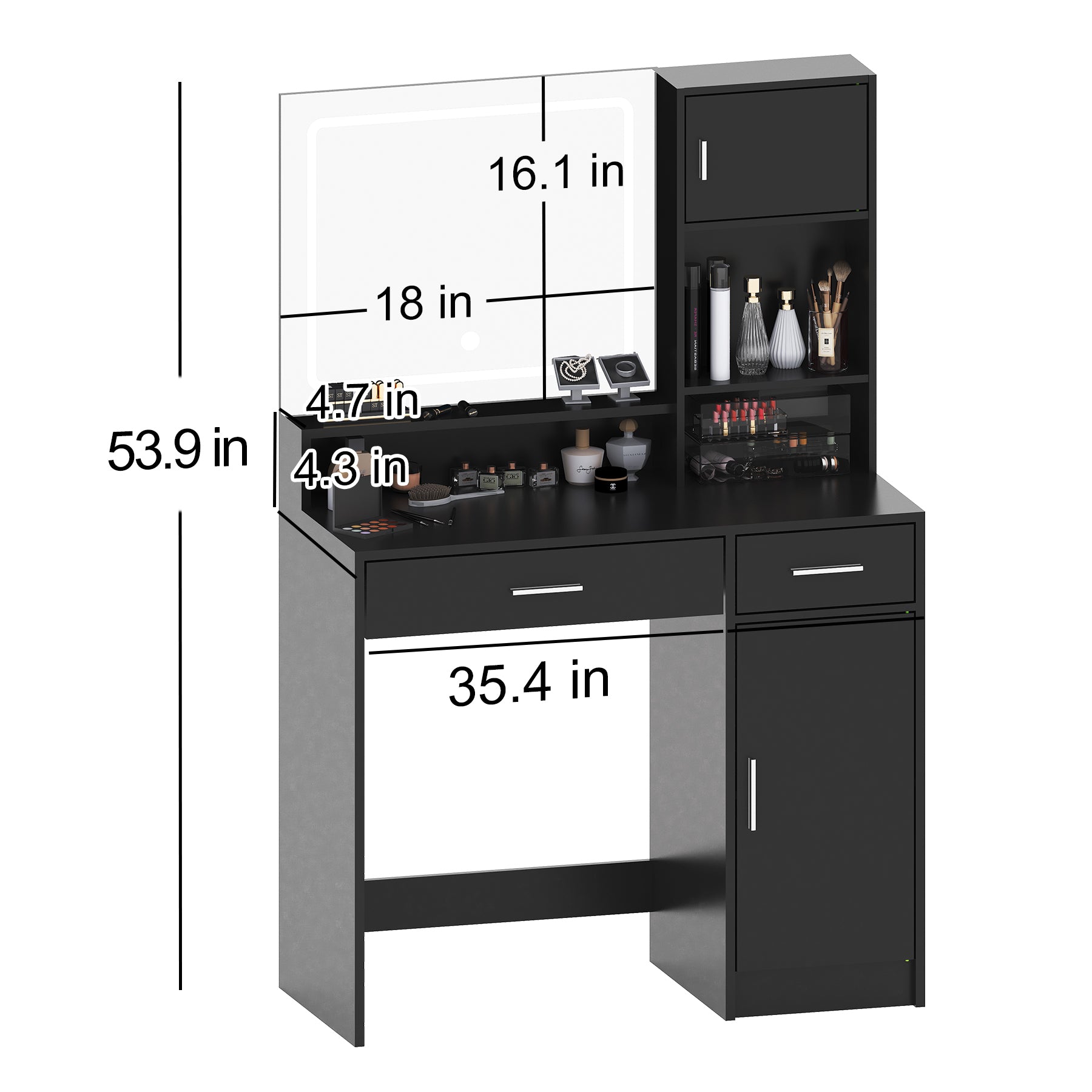 HAOYYE Vanity Desk with Mirror and LED Light Strip, Dressing Table with Large Drawer and Three-Level Storage, Black, Sturdy Space-Saving Design, Adjustable Brightness in Three Lighting Modes, Durable and Stylish Home Furniture